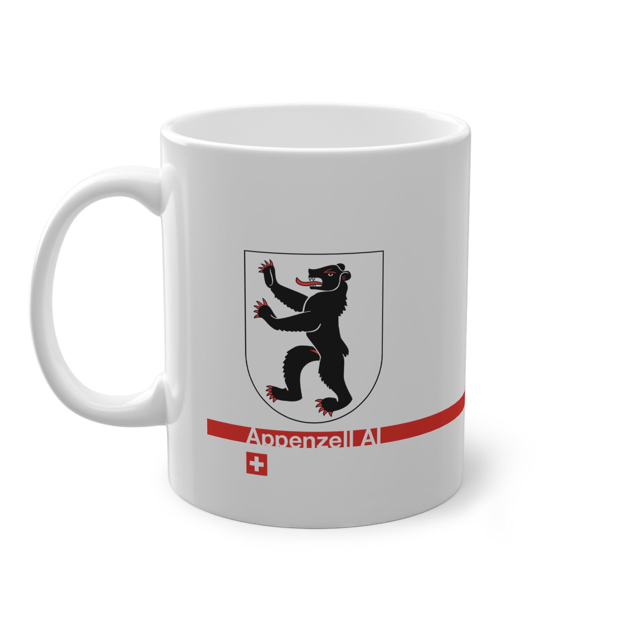 White ceramic mug featuring the black walking bear of the Appenzell Innerrhoden coat of arms, a modern red horizontal line with 'Appenzell AI' text, and a small Swiss cross below.