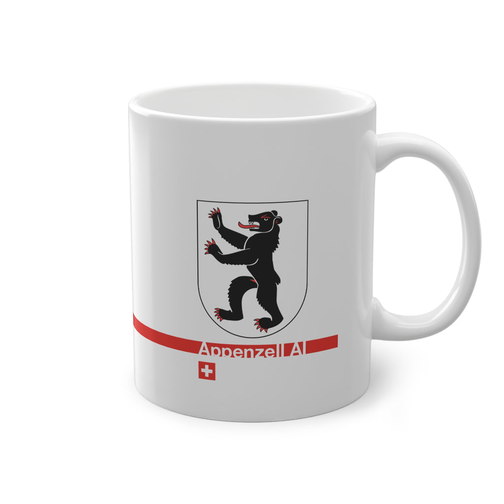 White ceramic mug featuring the black walking bear of the Appenzell Innerrhoden coat of arms, a modern red horizontal line with 'Appenzell AI' text, and a small Swiss cross below.