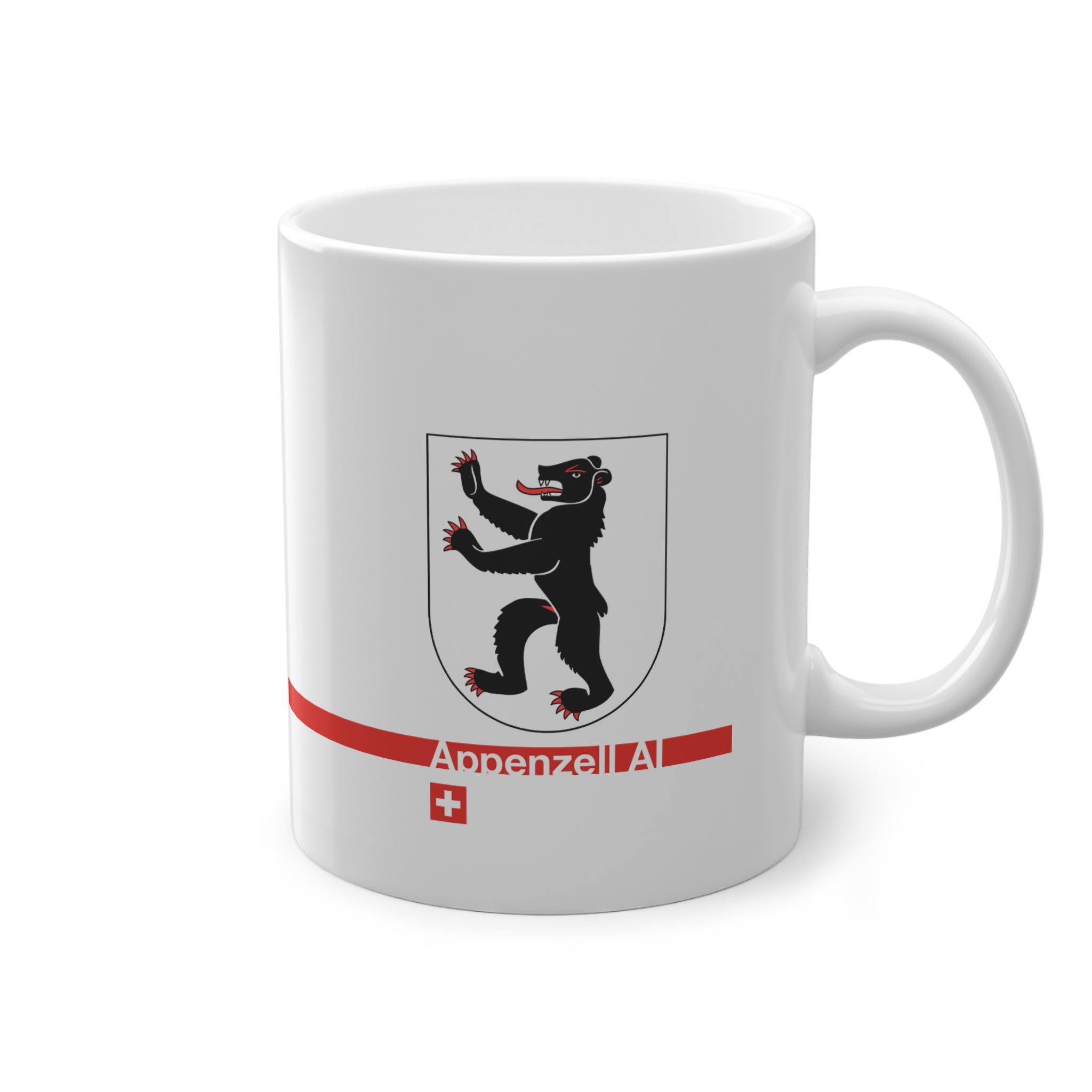 White ceramic mug featuring the black walking bear of the Appenzell Innerrhoden coat of arms, a modern red horizontal line with 'Appenzell AI' text, and a small Swiss cross below.