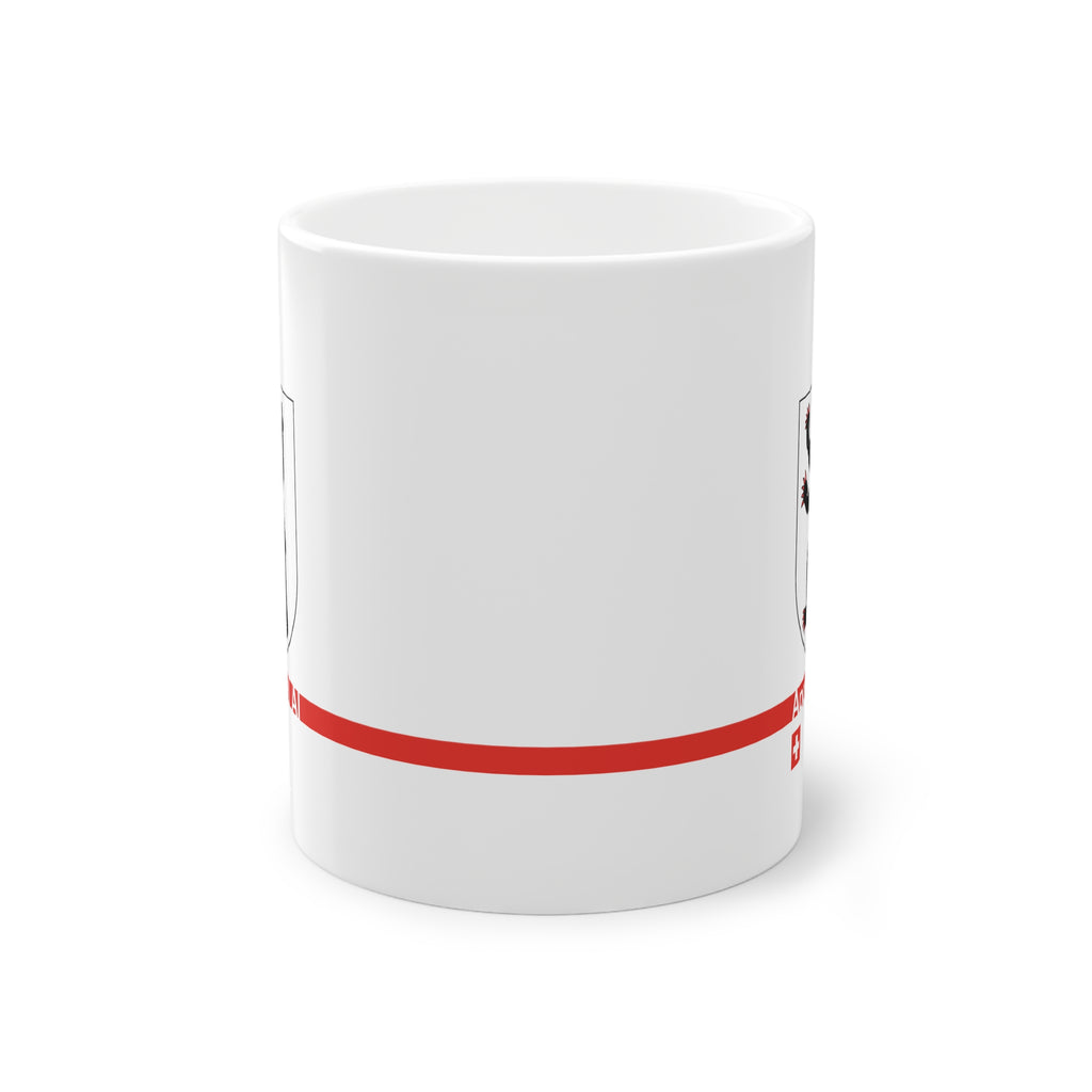 White ceramic mug featuring the black walking bear of the Appenzell Innerrhoden coat of arms, a modern red horizontal line with 'Appenzell AI' text, and a small Swiss cross below.