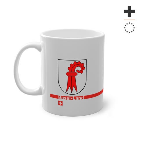 White ceramic mug featuring the red Basel-Landschaft coat of arms (red Baselstab), with a modern red horizontal line containing the text 'Basel-Land' and a small Swiss cross below.