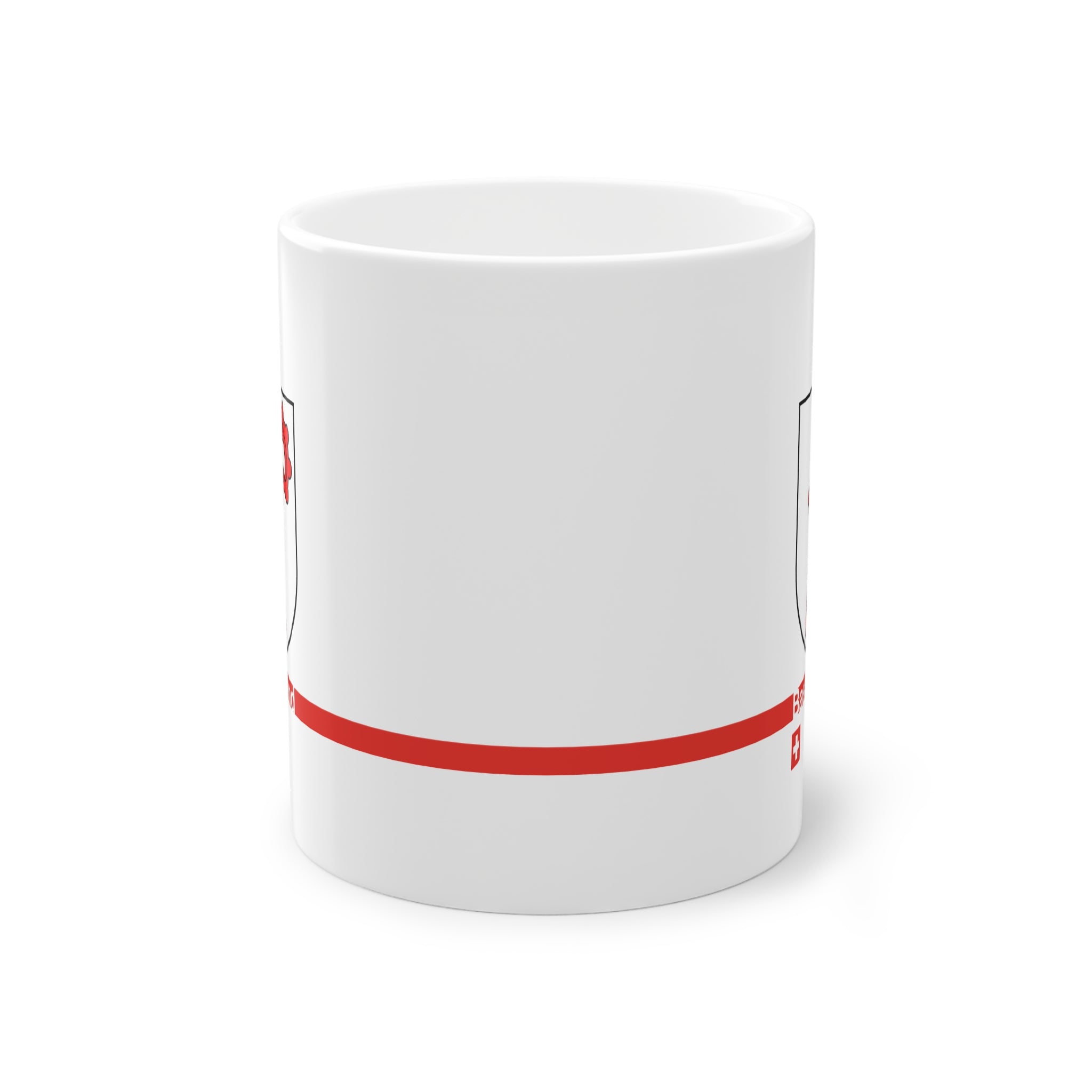 White ceramic mug featuring the red Basel-Landschaft coat of arms (red Baselstab), with a modern red horizontal line containing the text 'Basel-Land' and a small Swiss cross below.