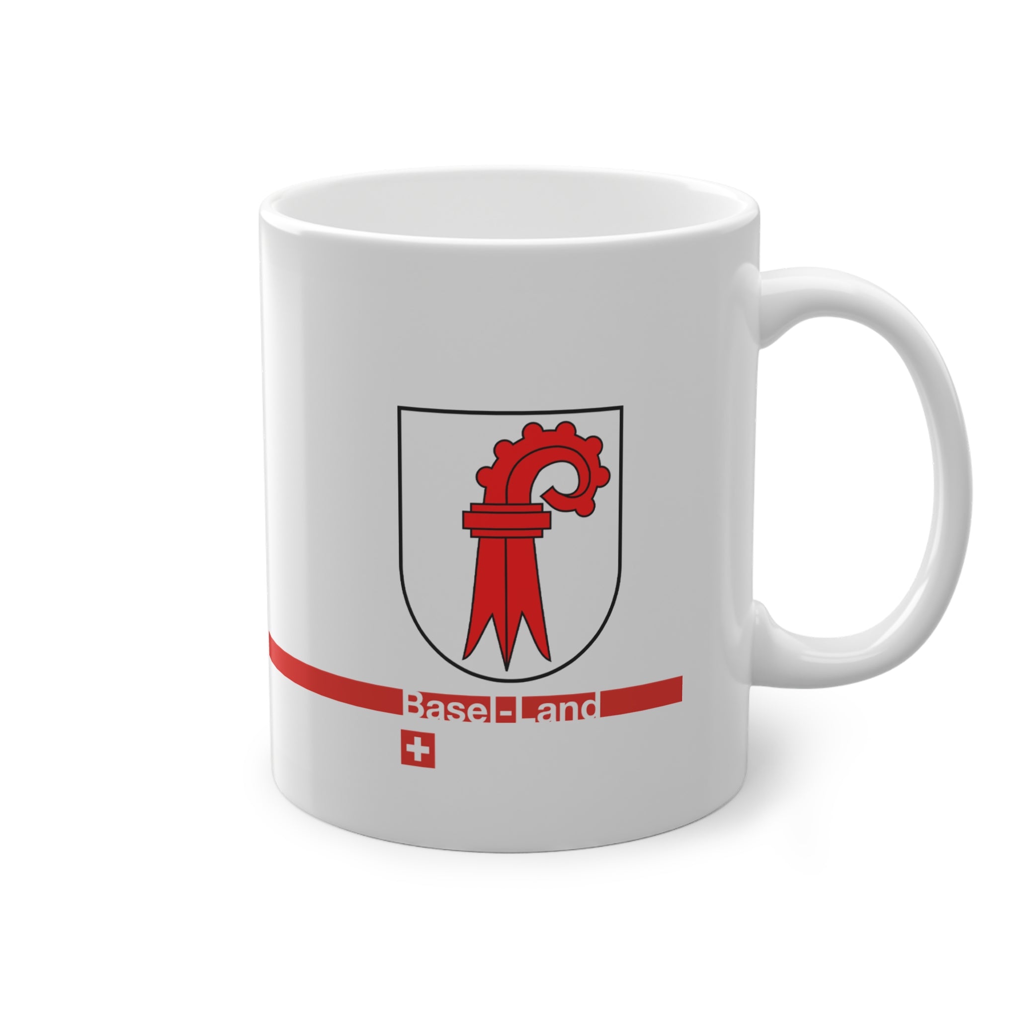 White ceramic mug featuring the red Basel-Landschaft coat of arms (red Baselstab), with a modern red horizontal line containing the text 'Basel-Land' and a small Swiss cross below.