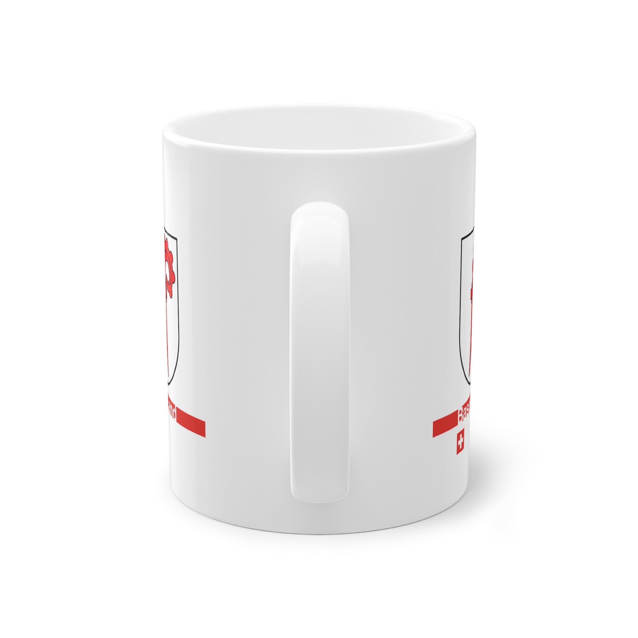 White ceramic mug featuring the red Basel-Landschaft coat of arms (red Baselstab), with a modern red horizontal line containing the text 'Basel-Land' and a small Swiss cross below.