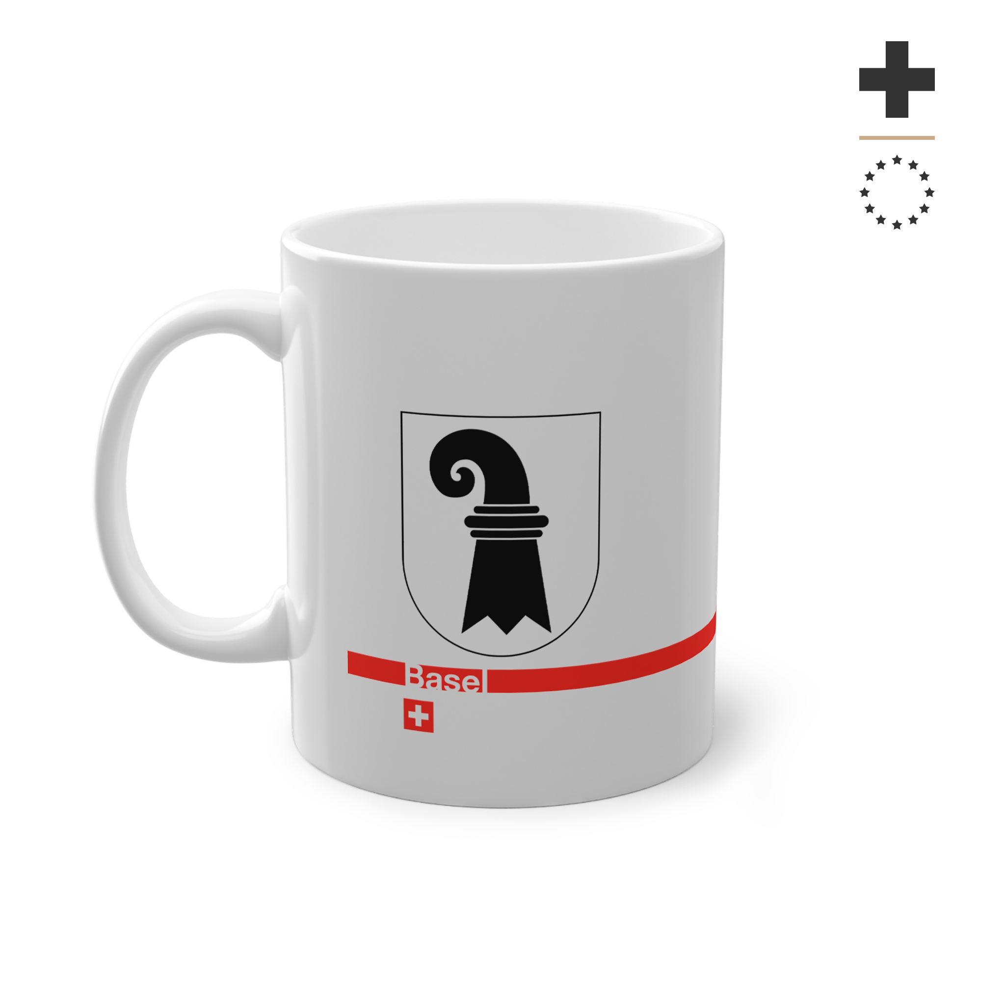 White ceramic mug featuring the black Baselstab (Canton of Basel coat of arms), with a modern red line and a small Swiss cross.