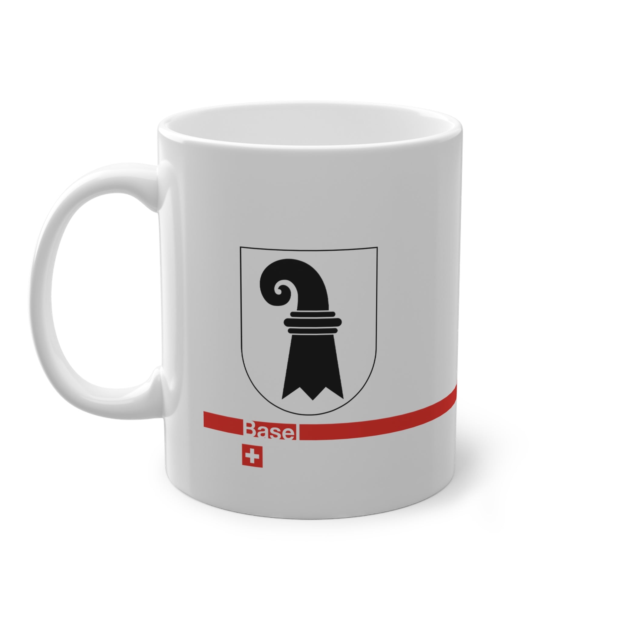 White ceramic mug featuring the black Baselstab (Canton of Basel coat of arms), with a modern red line and a small Swiss cross.