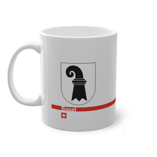 White ceramic mug featuring the black Baselstab (Canton of Basel coat of arms), with a modern red line and a small Swiss cross.