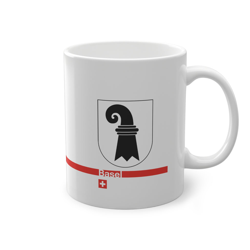 White ceramic mug featuring the black Baselstab (Canton of Basel coat of arms), with a modern red line and a small Swiss cross.