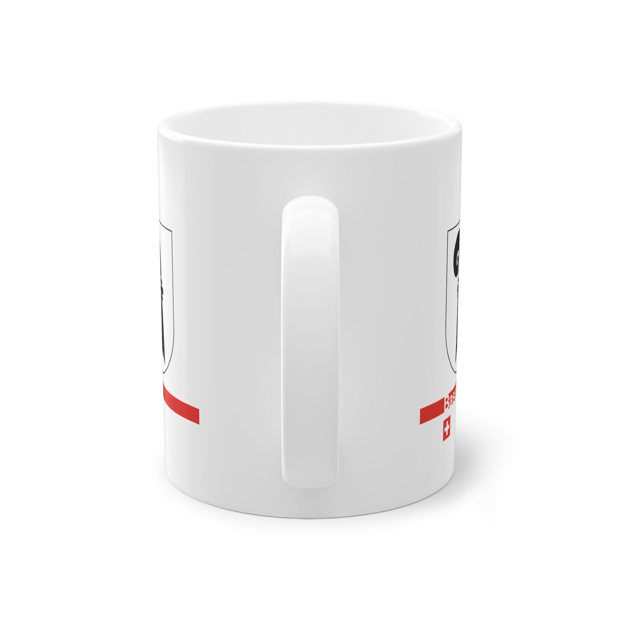 White ceramic mug featuring the black Baselstab (Canton of Basel coat of arms), with a modern red line and a small Swiss cross.