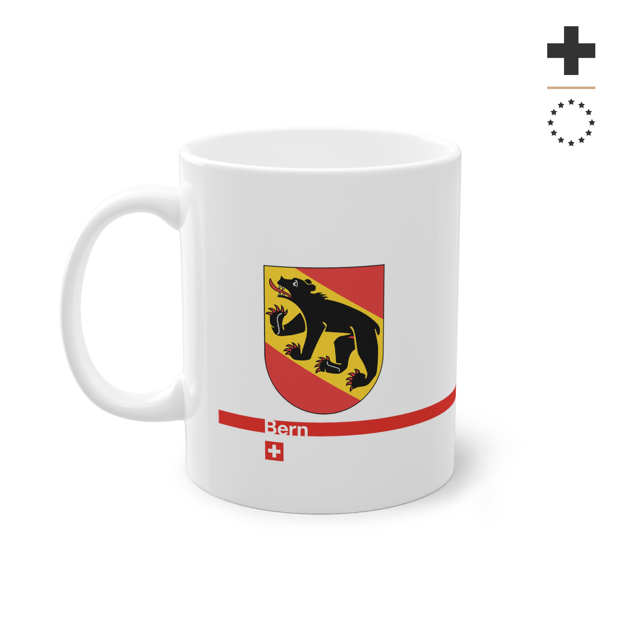 White ceramic mug featuring the official Canton of Bern coat of arms with the black bear, red stripe, and Swiss flag icon.