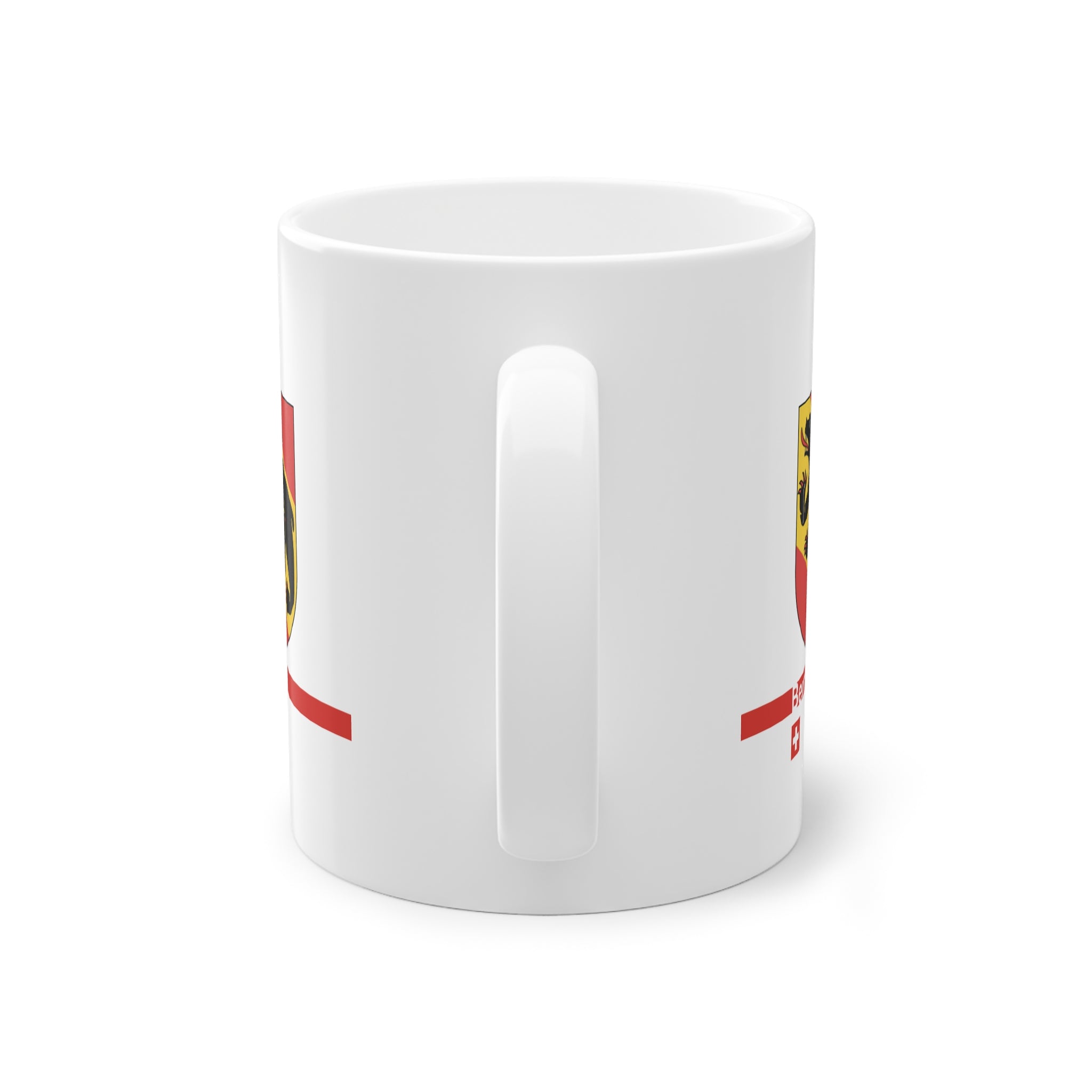 White ceramic mug featuring the official Canton of Bern coat of arms with the black bear, red stripe, and Swiss flag icon.
