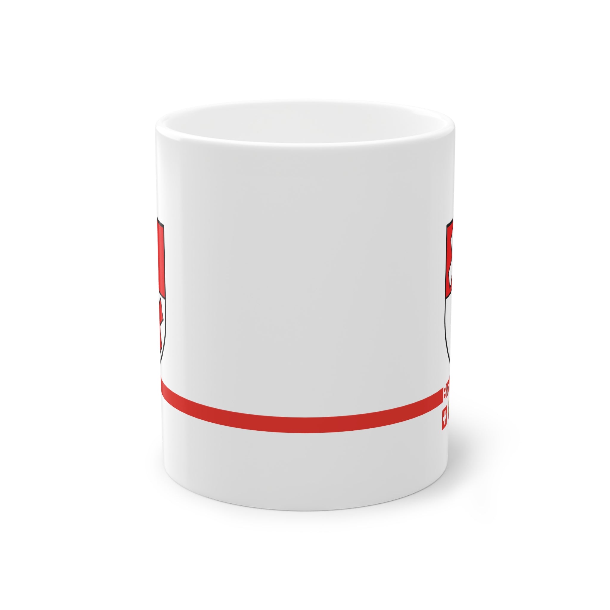 White ceramic mug featuring the red and white split coat of arms of the Biglen Commune, a modern red horizontal line with 'Biglen' text, and small Swiss and Bernese bear flags below.