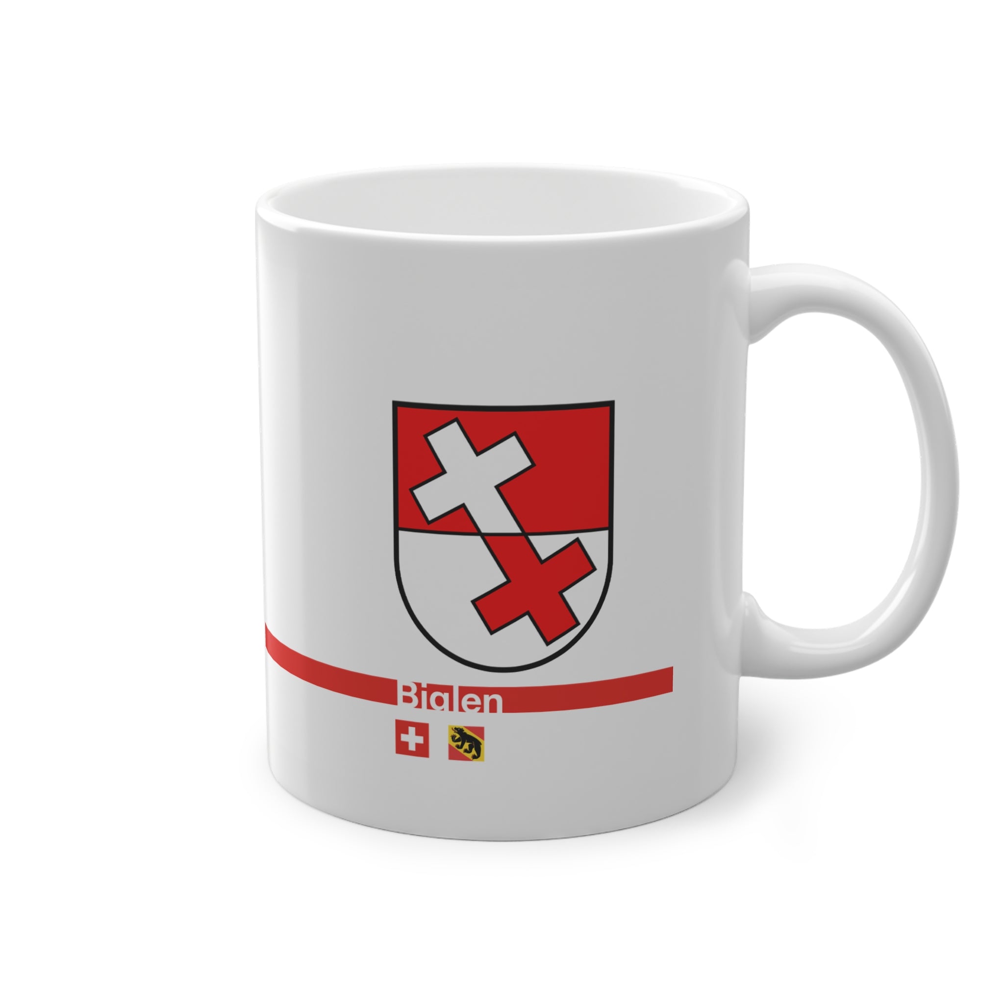 White ceramic mug featuring the red and white split coat of arms of the Biglen Commune, a modern red horizontal line with 'Biglen' text, and small Swiss and Bernese bear flags below.