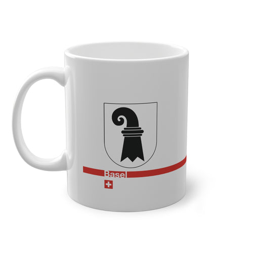 White ceramic mug with the black Baselstab (Canton of Basel coat of arms), featuring a modern red horizontal line with 'Basel' text and a small Swiss cross.