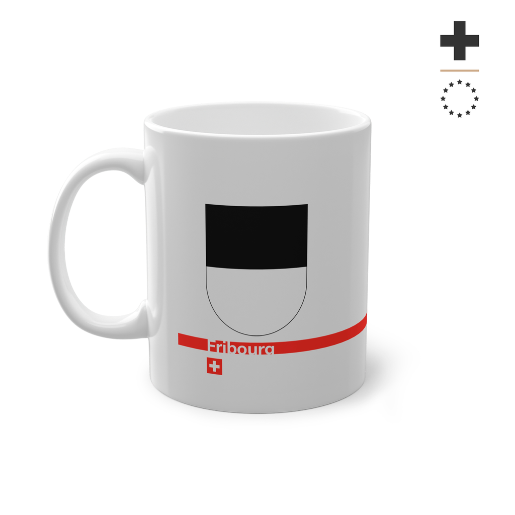 White ceramic mug with the black and white horizontally divided coat of arms of the Canton of Fribourg, Switzerland, featuring a modern red line and a small Swiss cross.