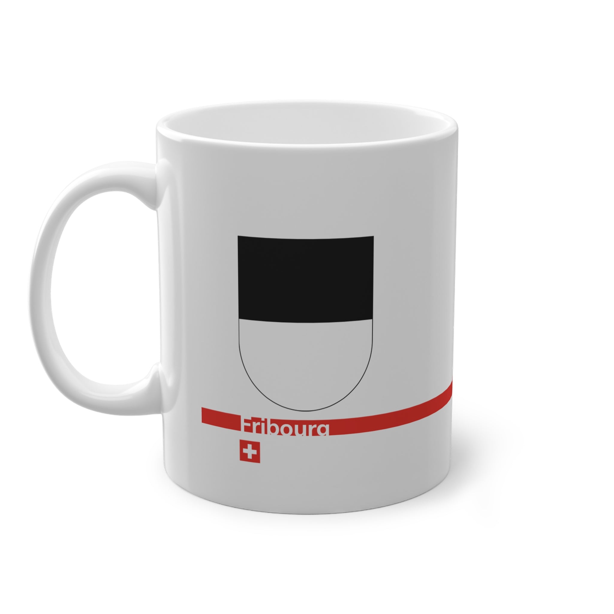 White ceramic mug with the black and white horizontally divided coat of arms of the Canton of Fribourg, Switzerland, featuring a modern red line and a small Swiss cross.