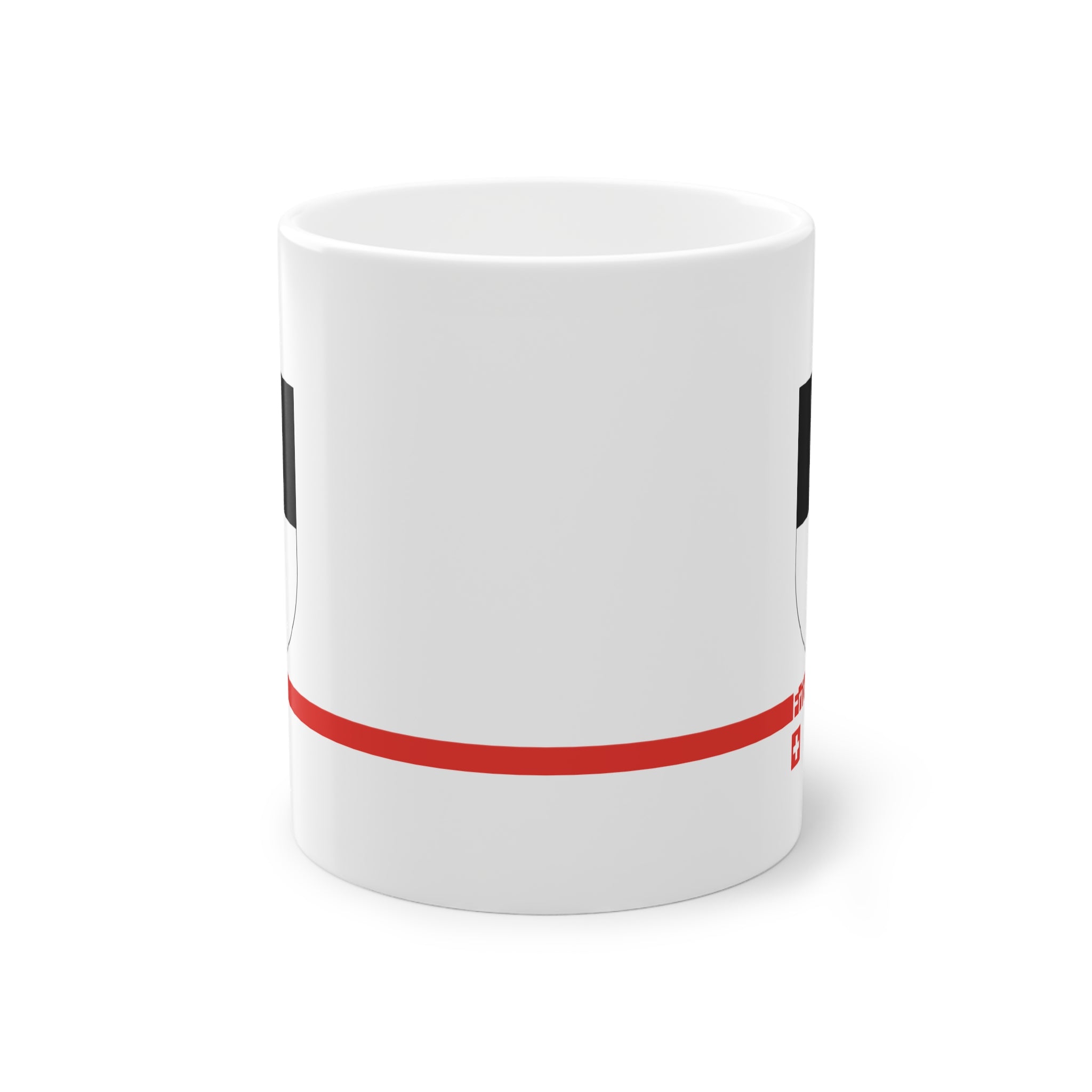 White ceramic mug with the black and white horizontally divided coat of arms of the Canton of Fribourg, Switzerland, featuring a modern red line and a small Swiss cross.