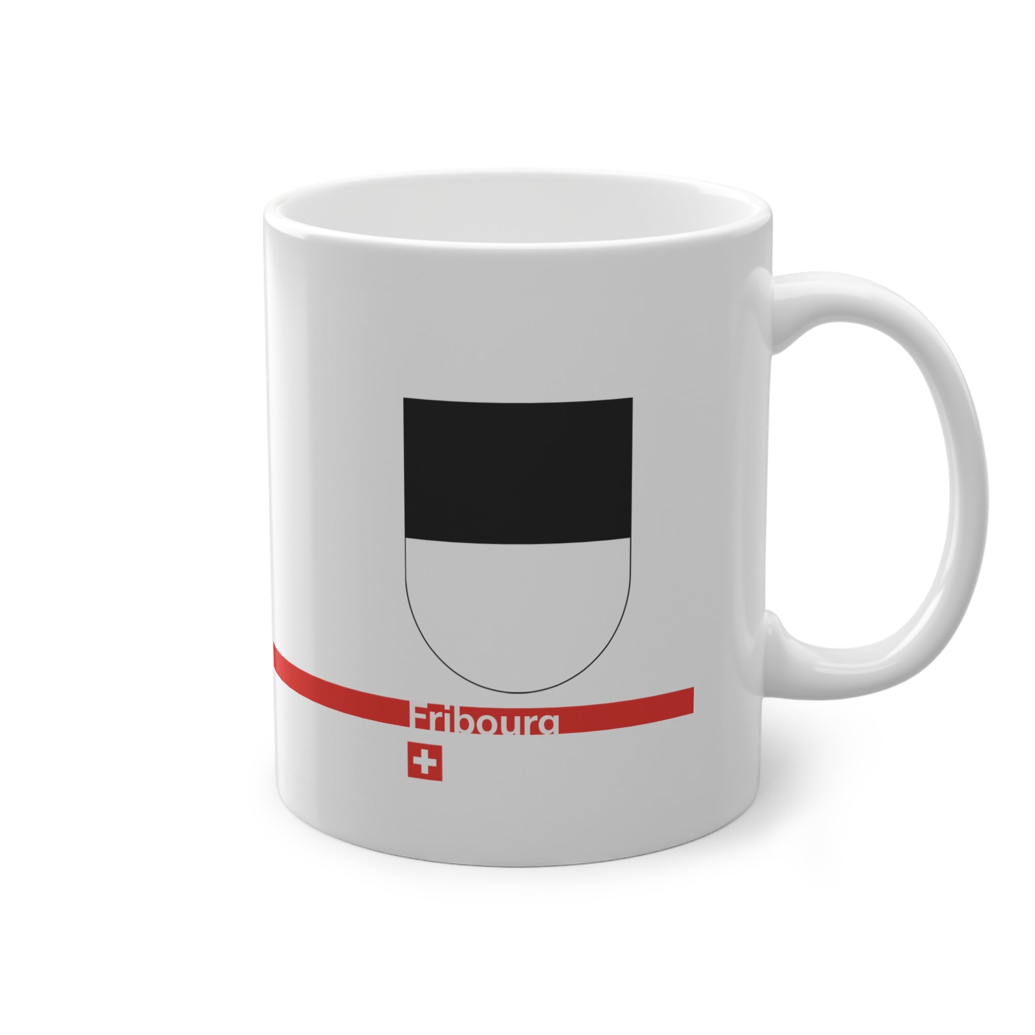 White ceramic mug with the black and white horizontally divided coat of arms of the Canton of Fribourg, Switzerland, featuring a modern red line and a small Swiss cross.