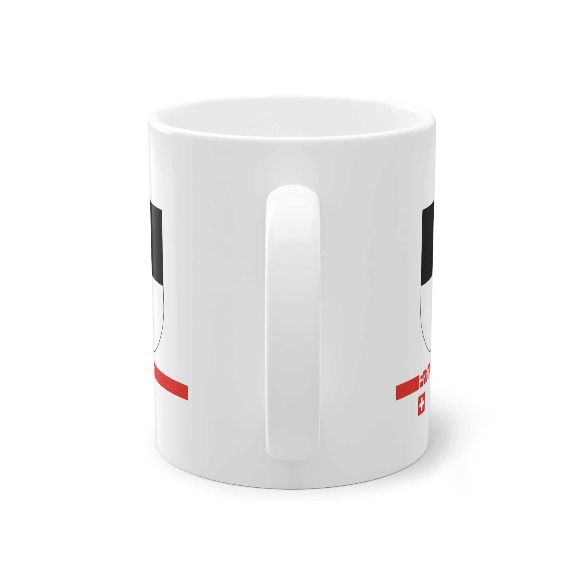 White ceramic mug with the black and white horizontally divided coat of arms of the Canton of Fribourg, Switzerland, featuring a modern red line and a small Swiss cross.