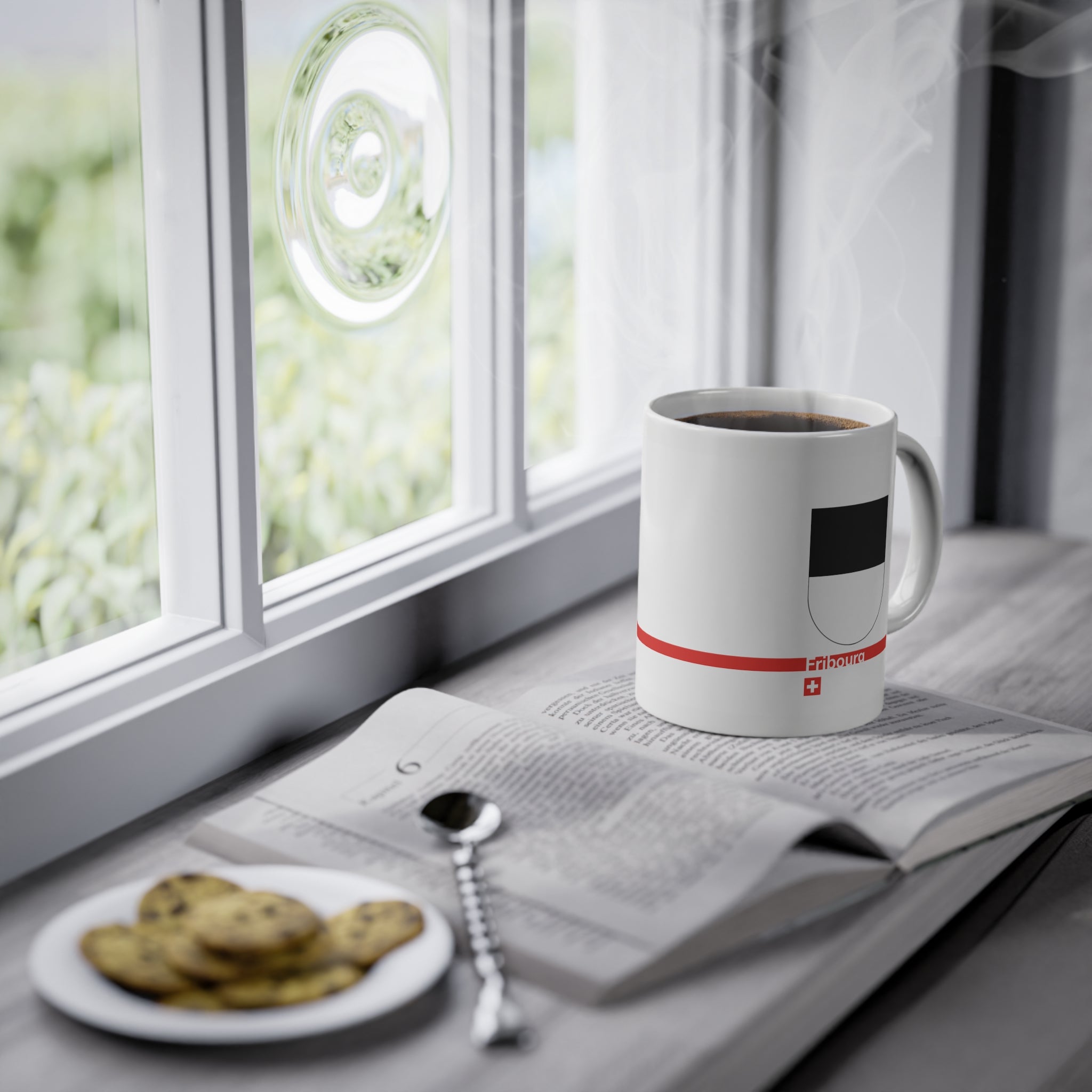 White ceramic mug with the black and white horizontally divided coat of arms of the Canton of Fribourg, Switzerland, featuring a modern red line and a small Swiss cross.