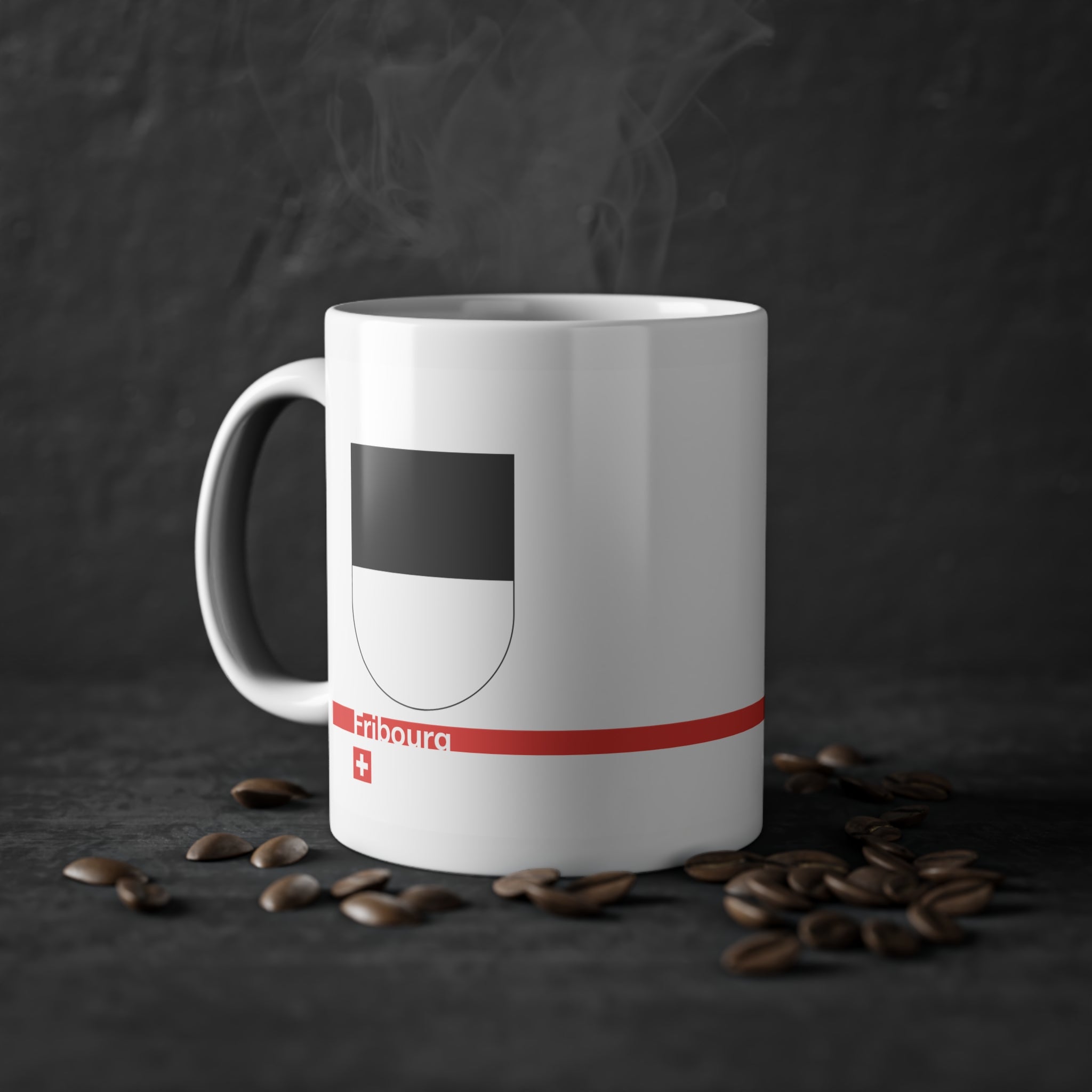 White ceramic mug with the black and white horizontally divided coat of arms of the Canton of Fribourg, Switzerland, featuring a modern red line and a small Swiss cross.