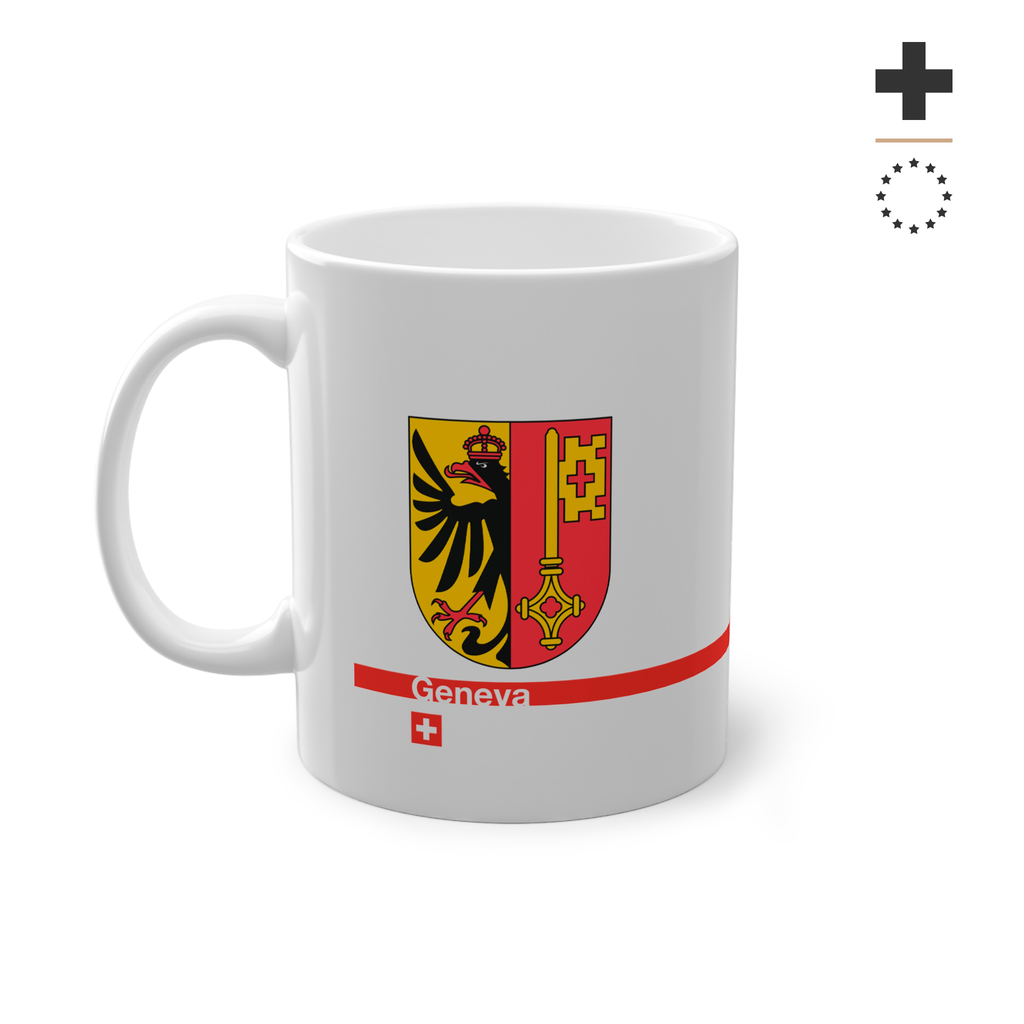 White ceramic mug with the Canton of Geneva coat of arms (eagle and key), featuring a red horizontal line with 'Geneva' text and a Swiss cross.