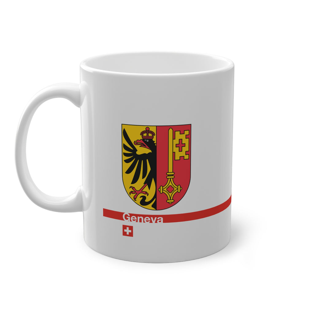 White ceramic mug with the Canton of Geneva coat of arms (eagle and key), featuring a red horizontal line with 'Geneva' text and a Swiss cross.