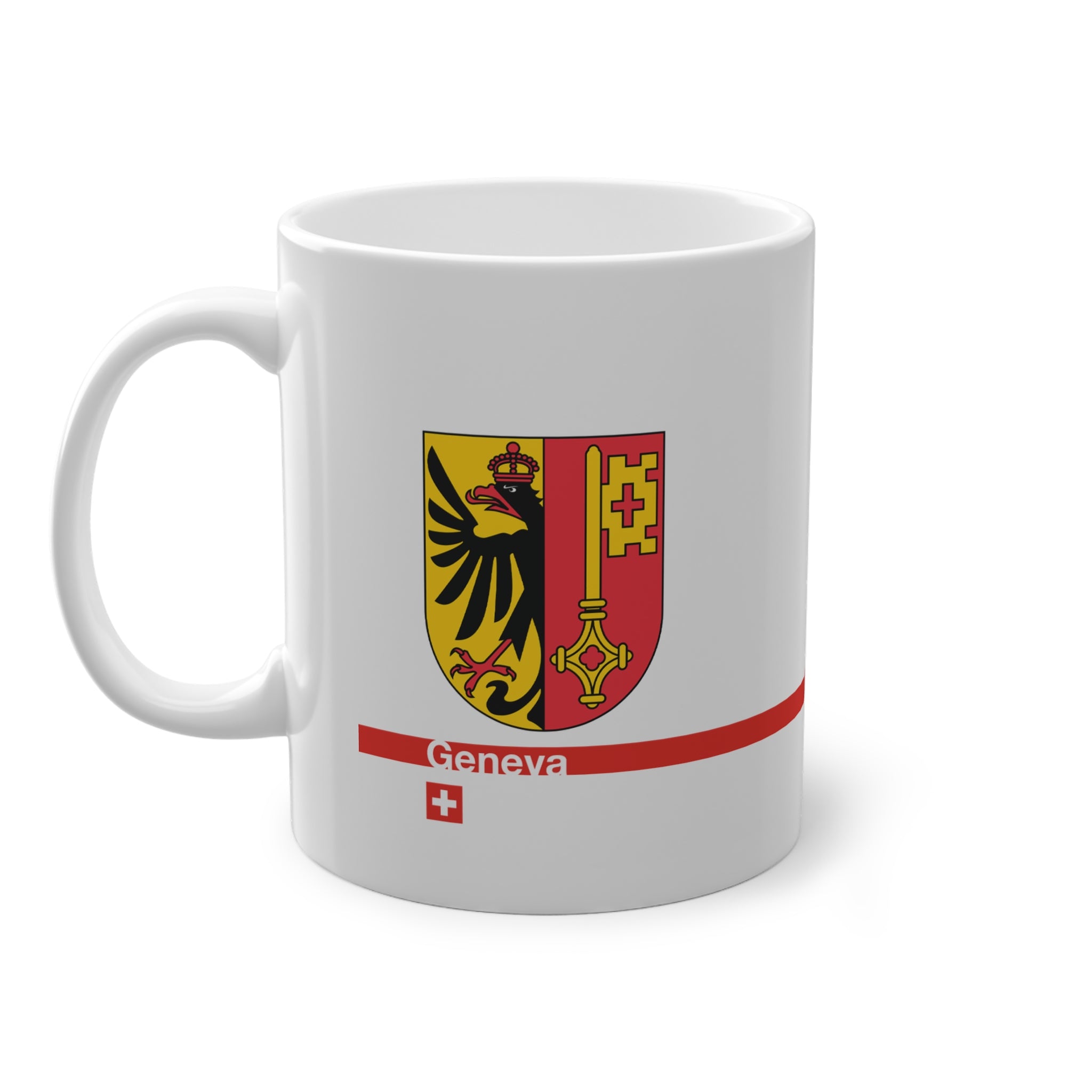 White ceramic mug with the Canton of Geneva coat of arms (eagle and key), featuring a red horizontal line with 'Geneva' text and a Swiss cross.