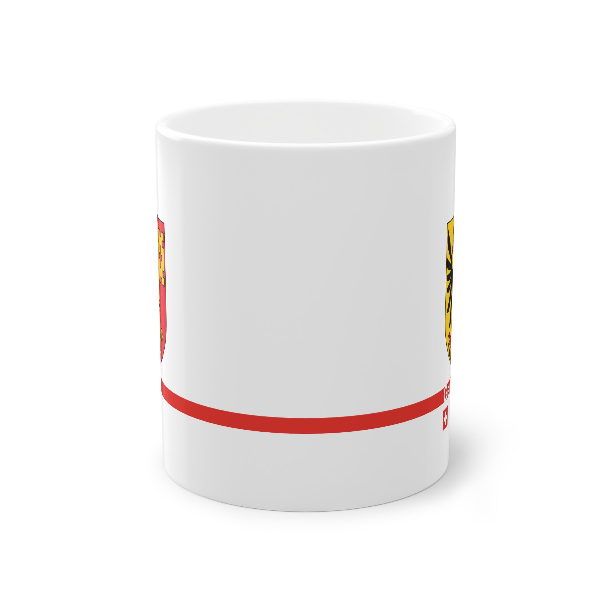 White ceramic mug with the Canton of Geneva coat of arms (eagle and key), featuring a red horizontal line with 'Geneva' text and a Swiss cross.