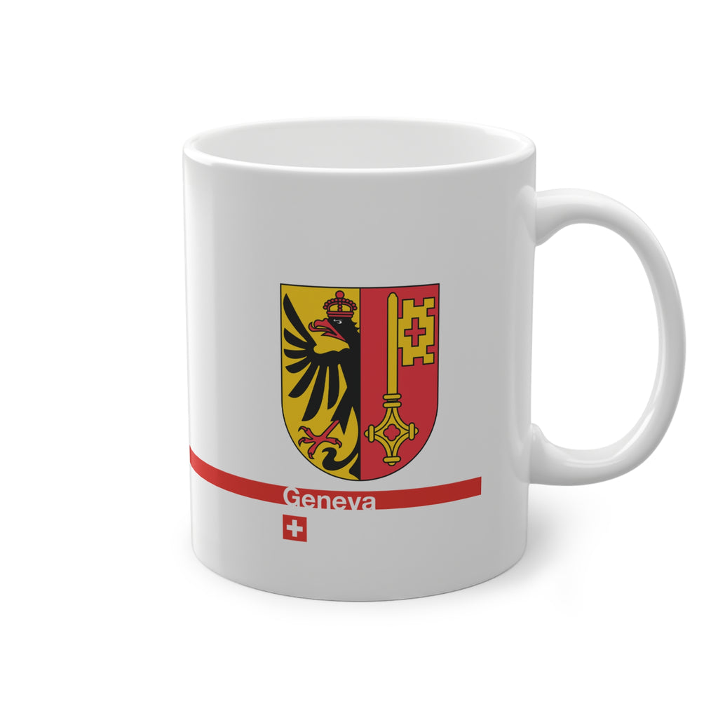 White ceramic mug with the Canton of Geneva coat of arms (eagle and key), featuring a red horizontal line with 'Geneva' text and a Swiss cross.