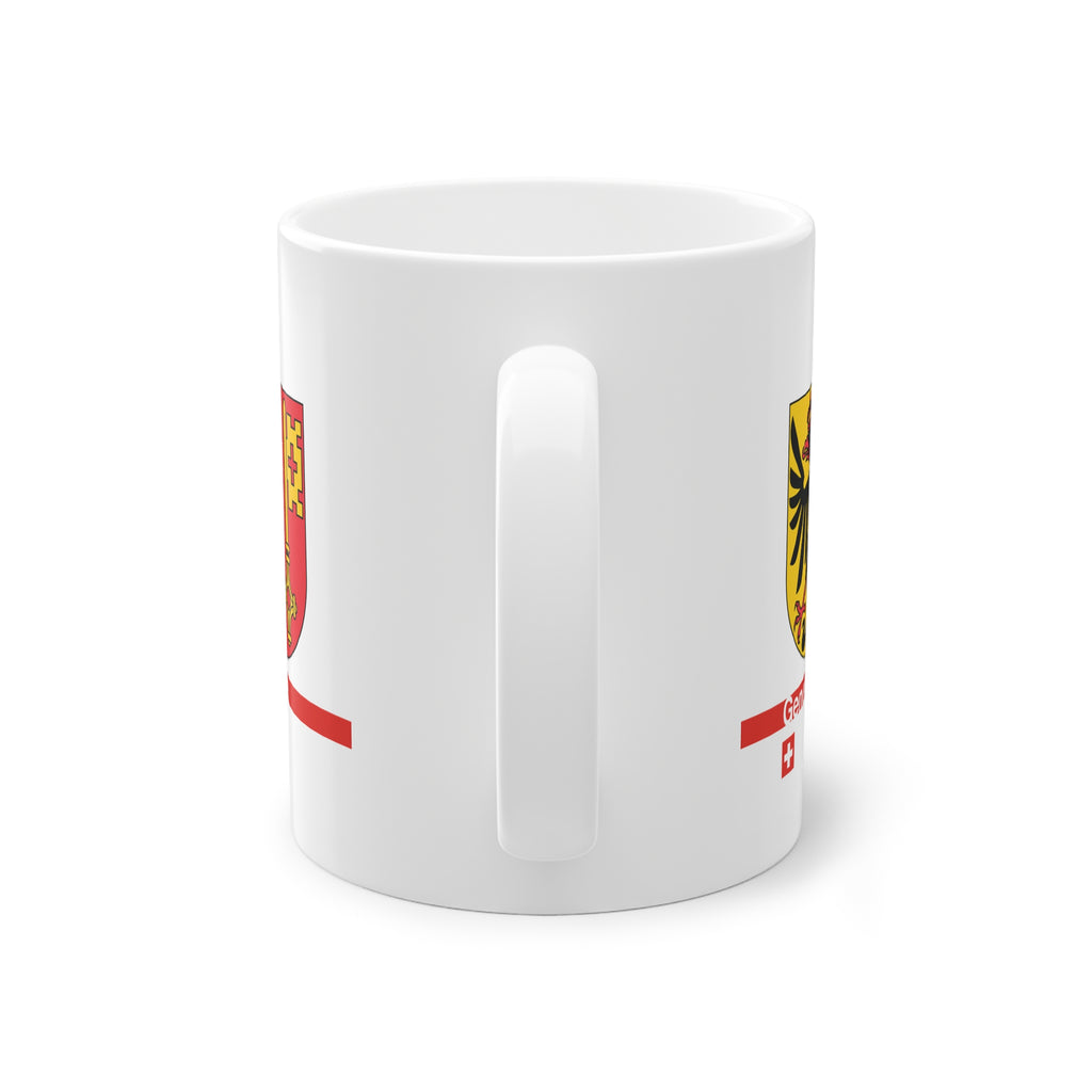 White ceramic mug with the Canton of Geneva coat of arms (eagle and key), featuring a red horizontal line with 'Geneva' text and a Swiss cross.