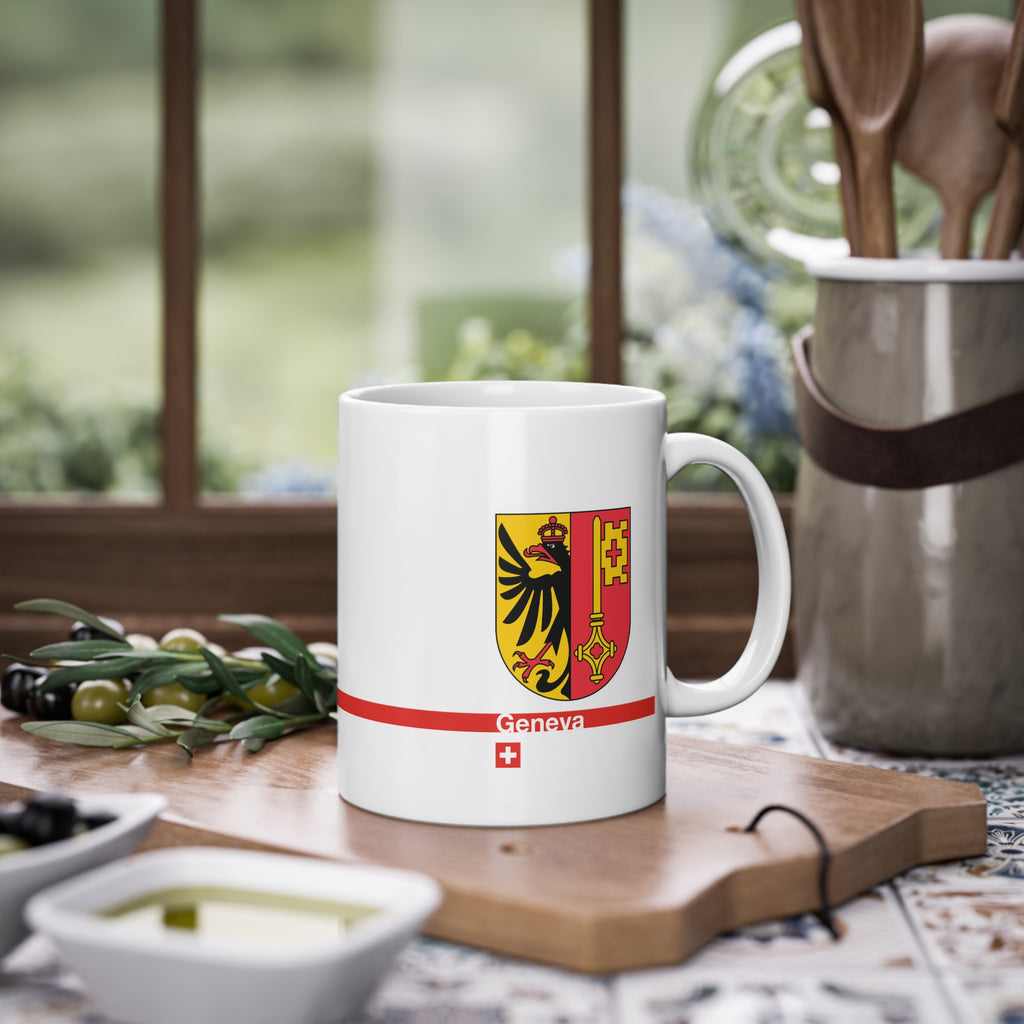 White ceramic mug with the Canton of Geneva coat of arms (eagle and key), featuring a red horizontal line with 'Geneva' text and a Swiss cross.