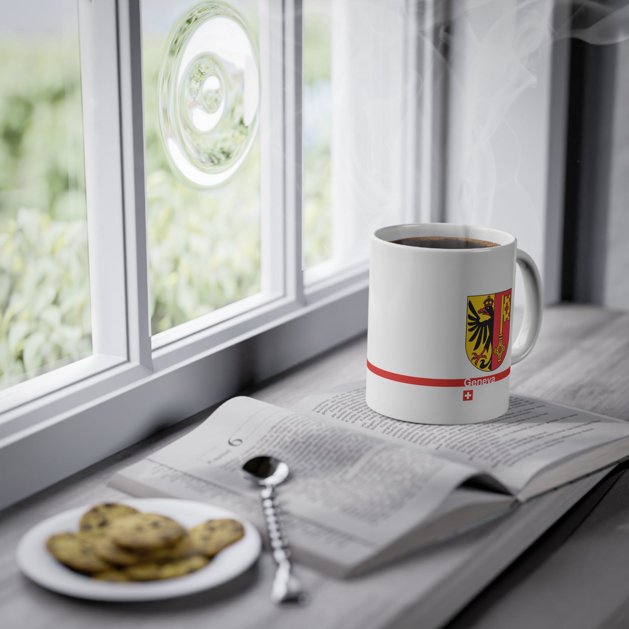White ceramic mug with the Canton of Geneva coat of arms (eagle and key), featuring a red horizontal line with 'Geneva' text and a Swiss cross.