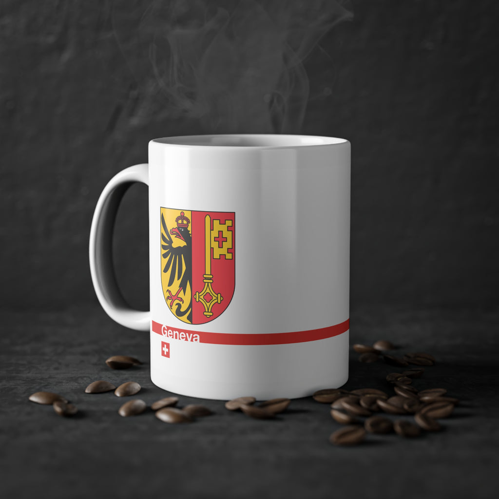 White ceramic mug with the Canton of Geneva coat of arms (eagle and key), featuring a red horizontal line with 'Geneva' text and a Swiss cross.