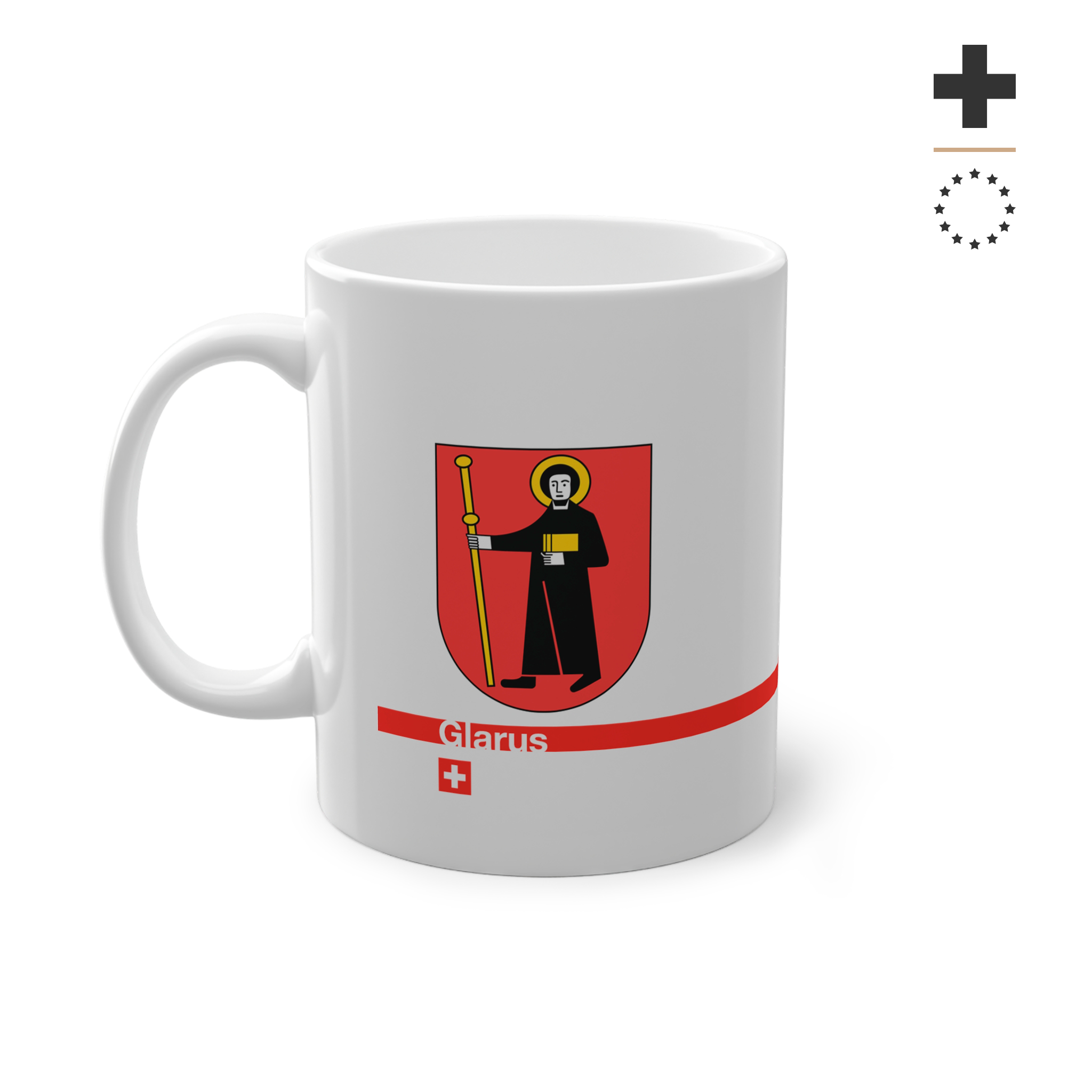 White ceramic mug with the red Canton of Glarus coat of arms featuring Saint Fridolin, a modern red line with 'Glarus' text and a small Swiss cross.