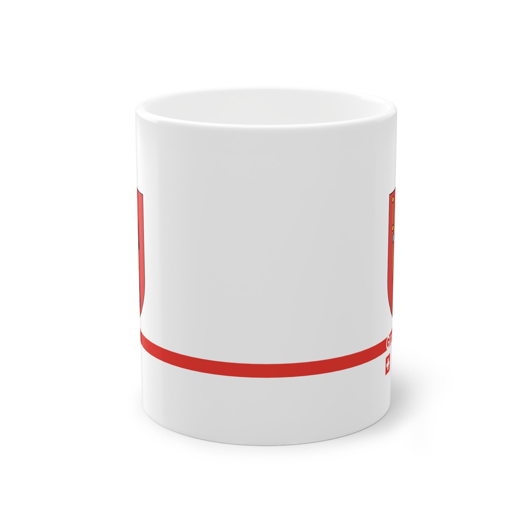 White ceramic mug with the red Canton of Glarus coat of arms featuring Saint Fridolin, a modern red line with 'Glarus' text and a small Swiss cross.