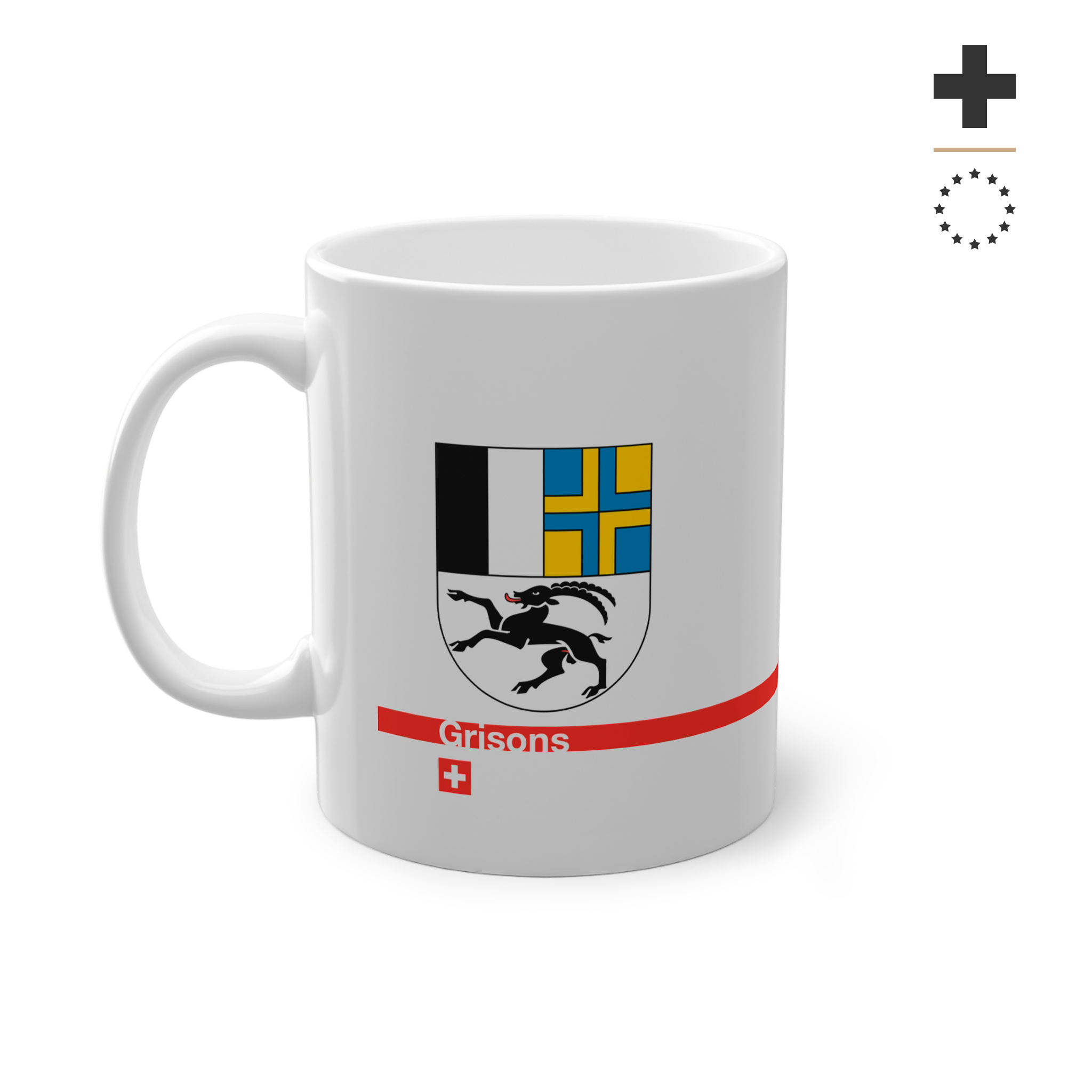 White ceramic mug with the Canton of Grisons (Graubünden) coat of arms featuring the black ibex, blue and yellow fields, a modern red line with 'Grisons' text, and a small Swiss cross.