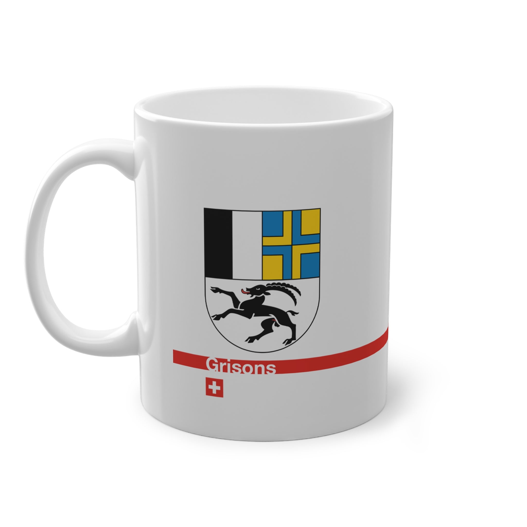 White ceramic mug with the Canton of Grisons (Graubünden) coat of arms featuring the black ibex, blue and yellow fields, a modern red line with 'Grisons' text, and a small Swiss cross.