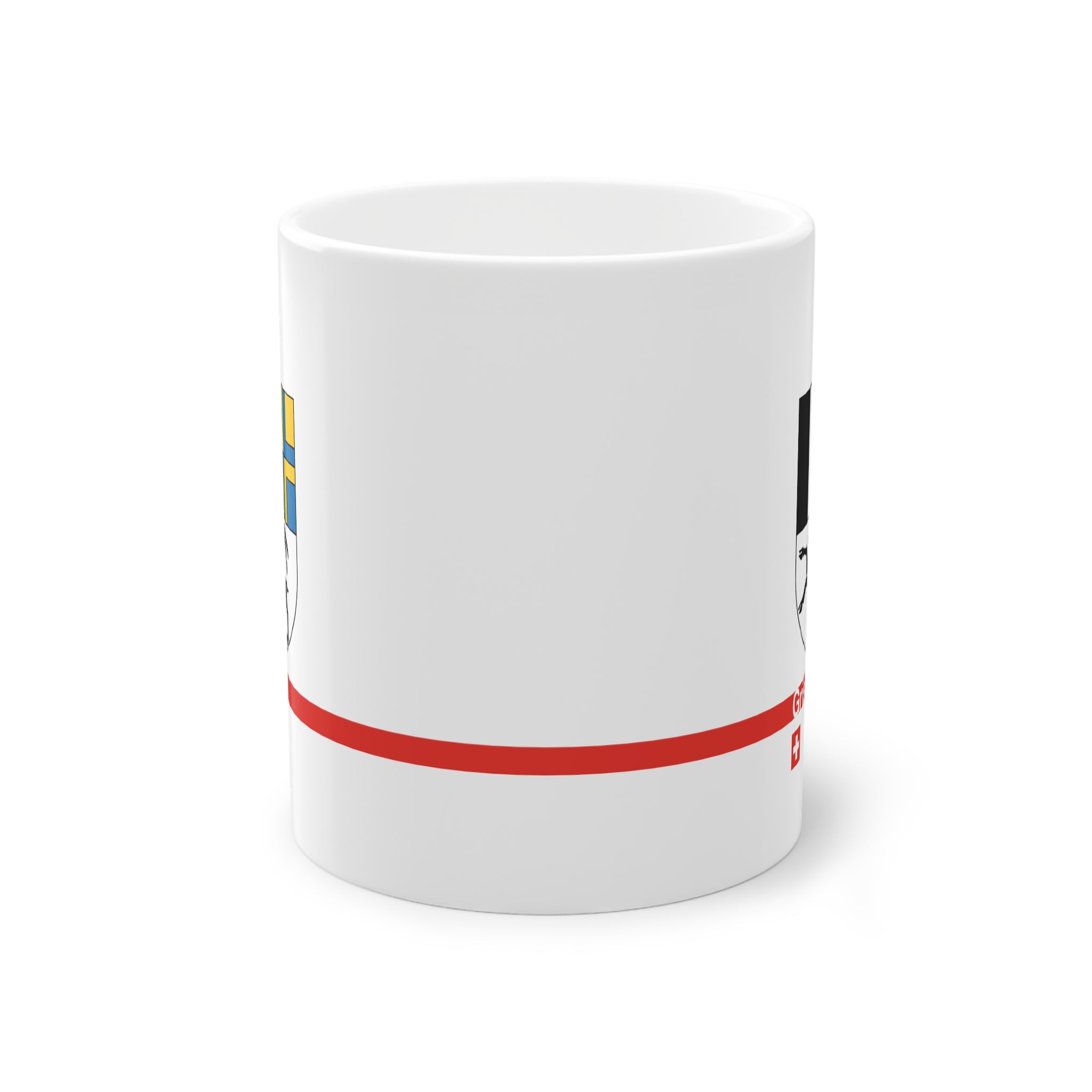 White ceramic mug with the Canton of Grisons (Graubünden) coat of arms featuring the black ibex, blue and yellow fields, a modern red line with 'Grisons' text, and a small Swiss cross.