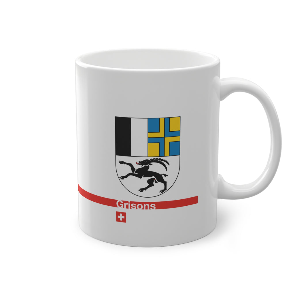 White ceramic mug with the Canton of Grisons (Graubünden) coat of arms featuring the black ibex, blue and yellow fields, a modern red line with 'Grisons' text, and a small Swiss cross.