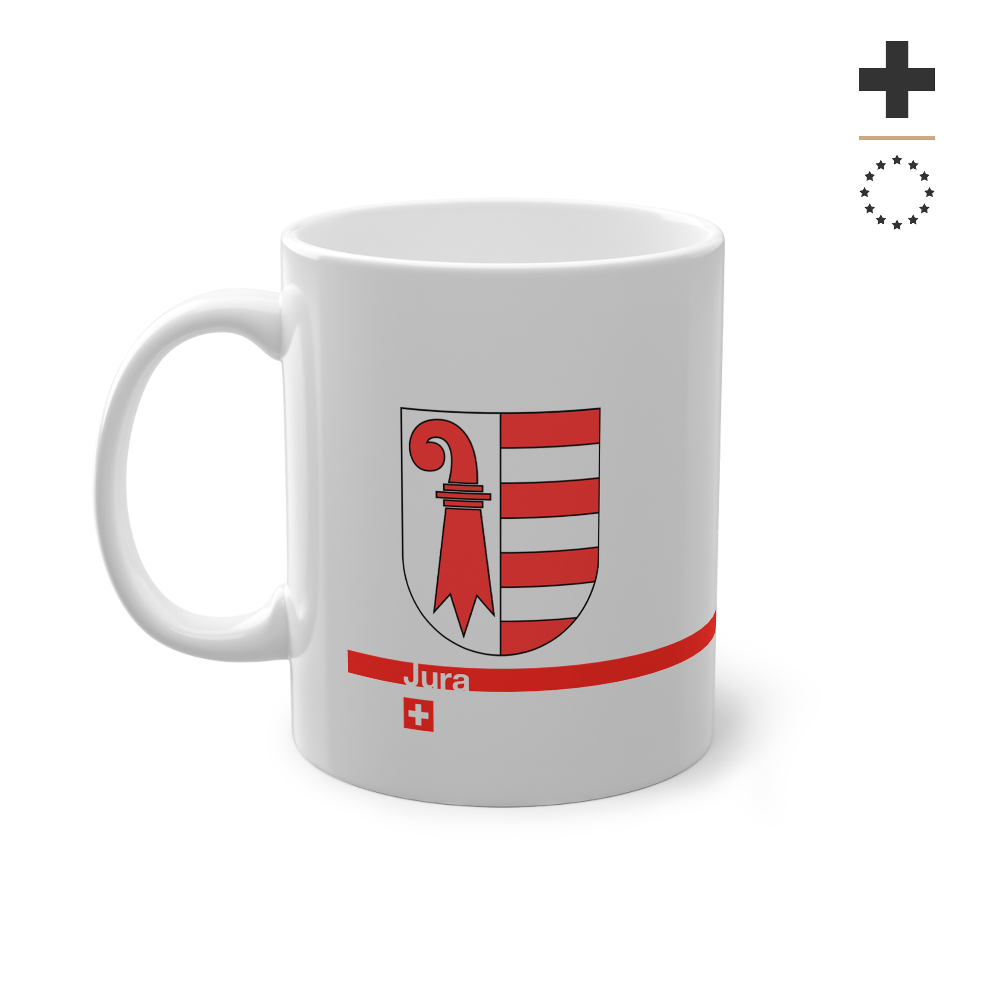 White ceramic mug featuring the red and white Canton of Jura coat of arms (bishop's crosier and seven stripes), a modern red horizontal line with 'Jura' text, and a small Swiss cross below.