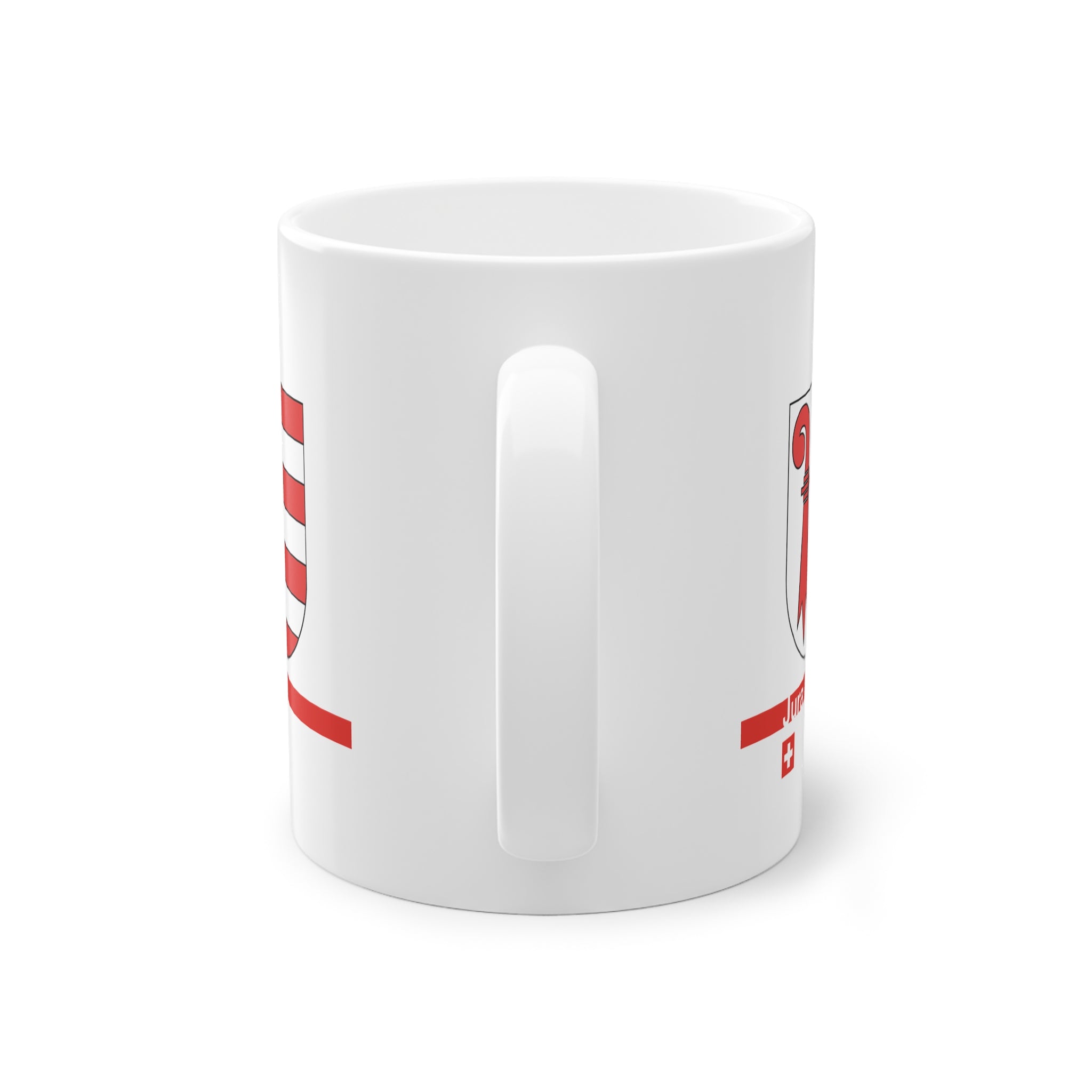 White ceramic mug featuring the red and white Canton of Jura coat of arms (bishop's crosier and seven stripes), a modern red horizontal line with 'Jura' text, and a small Swiss cross below.