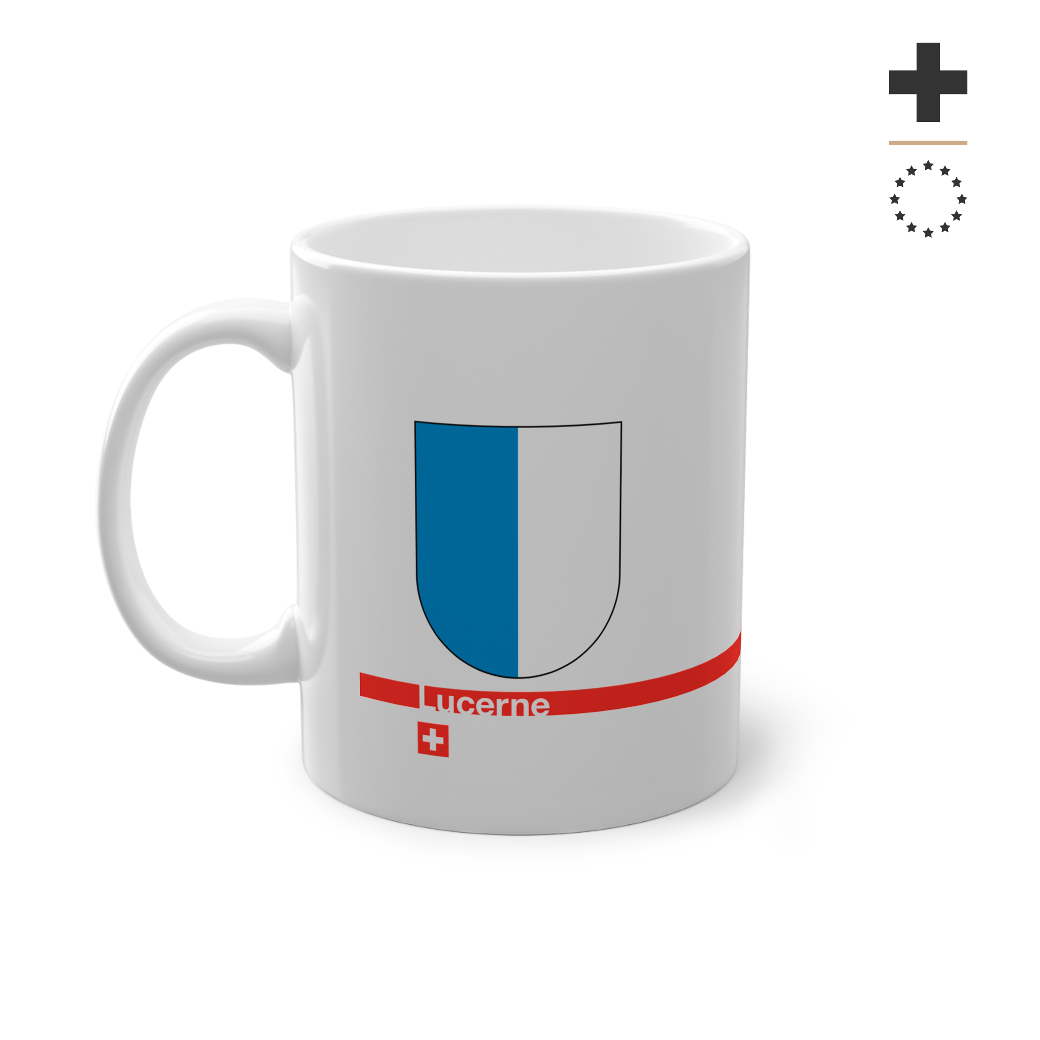White ceramic mug with the blue and white vertically divided coat of arms of the Canton of Lucerne, Switzerland, featuring a modern red line and a small Swiss cross.
