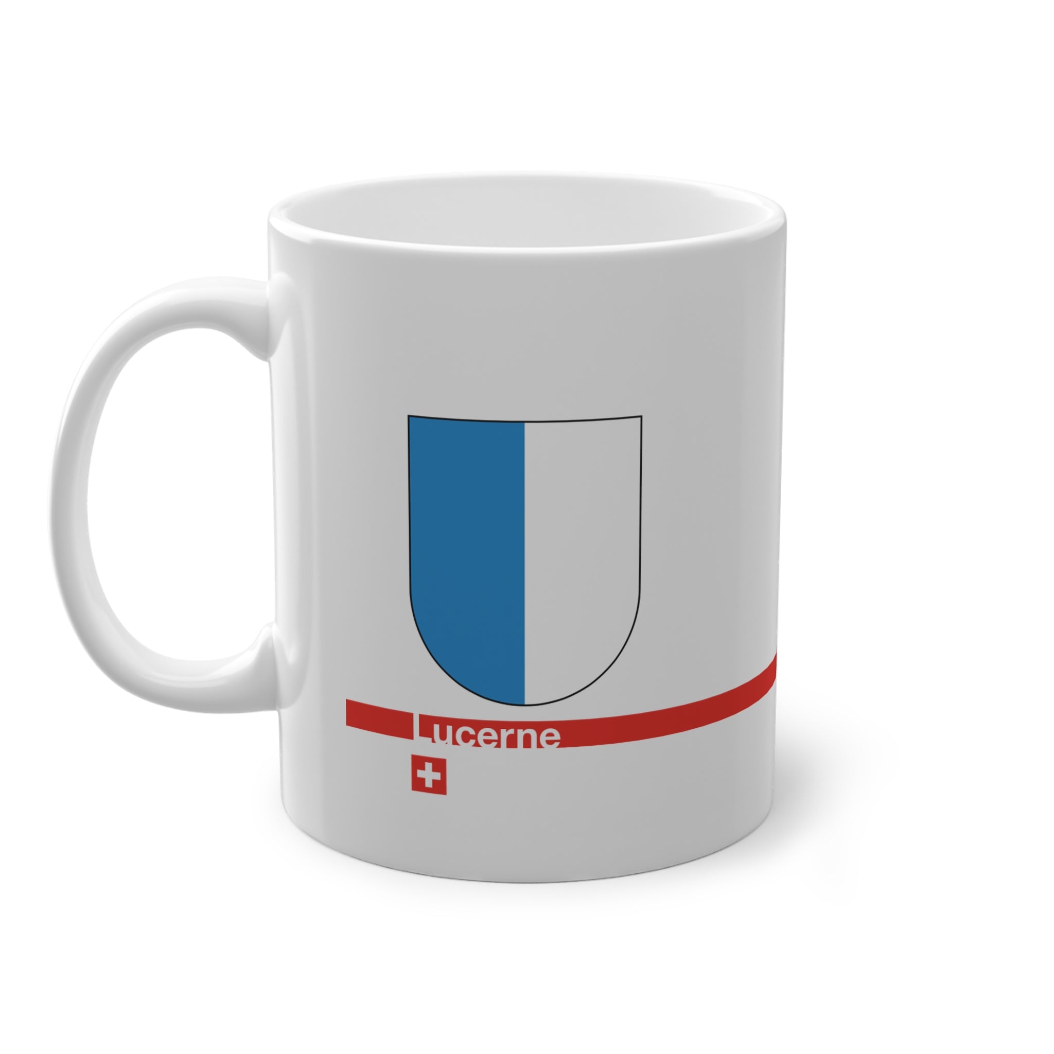 White ceramic mug with the blue and white vertically divided coat of arms of the Canton of Lucerne, Switzerland, featuring a modern red line and a small Swiss cross.
