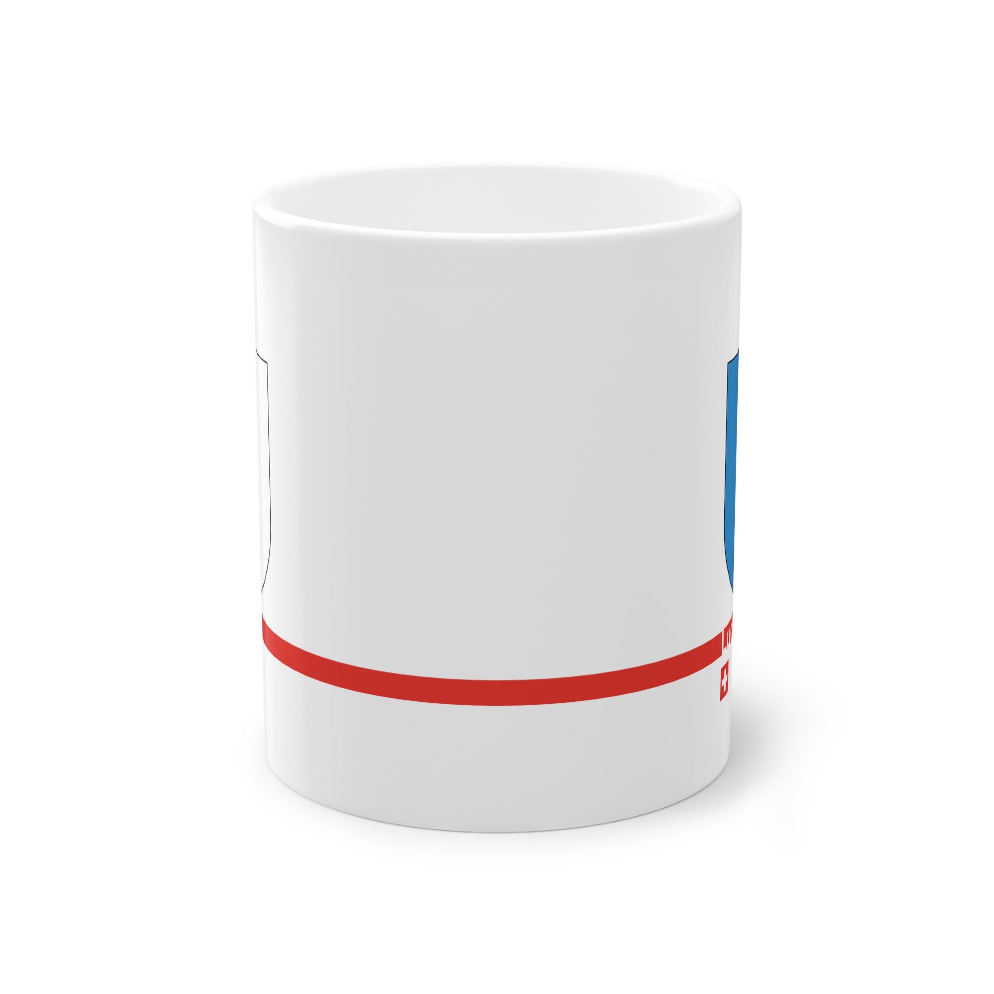 White ceramic mug with the blue and white vertically divided coat of arms of the Canton of Lucerne, Switzerland, featuring a modern red line and a small Swiss cross.