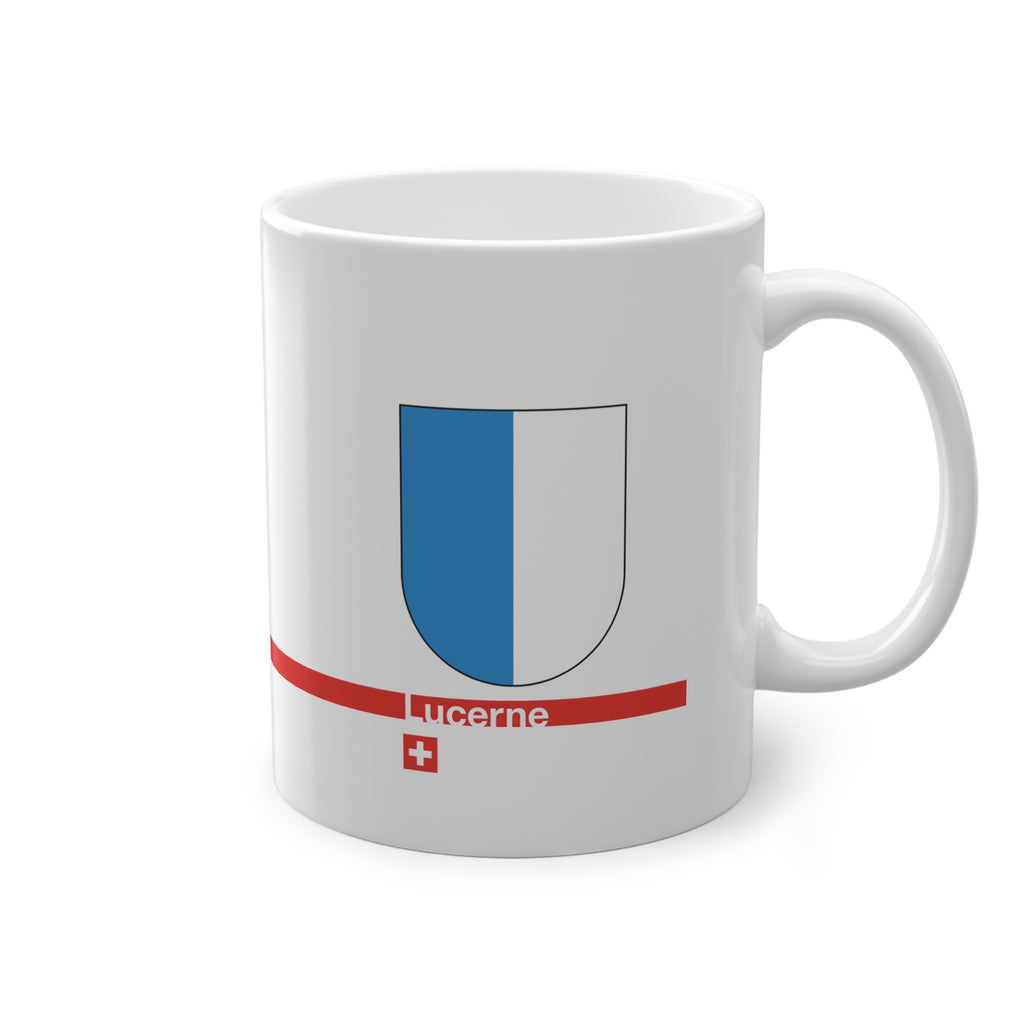 White ceramic mug with the blue and white vertically divided coat of arms of the Canton of Lucerne, Switzerland, featuring a modern red line and a small Swiss cross.