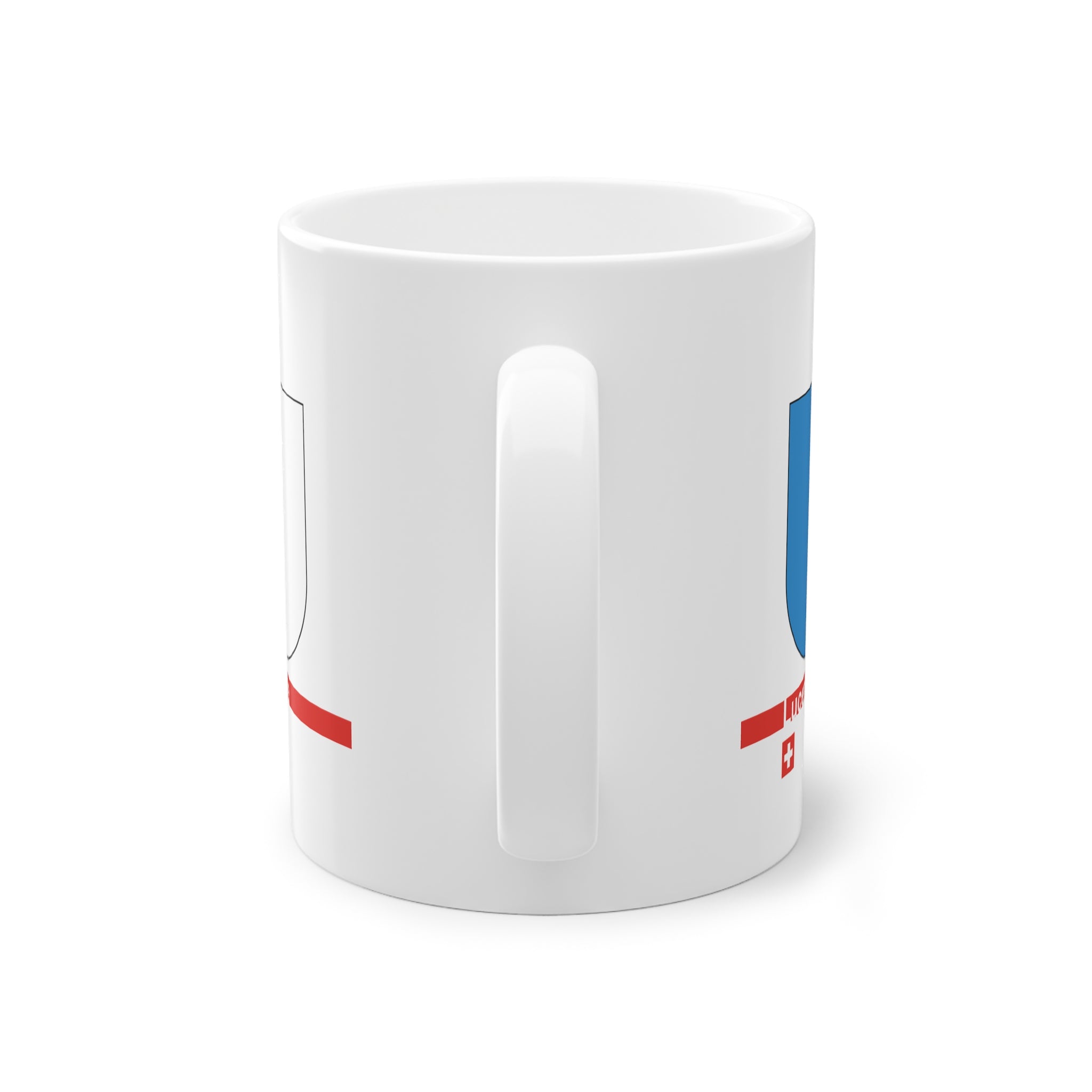 White ceramic mug with the blue and white vertically divided coat of arms of the Canton of Lucerne, Switzerland, featuring a modern red line and a small Swiss cross.