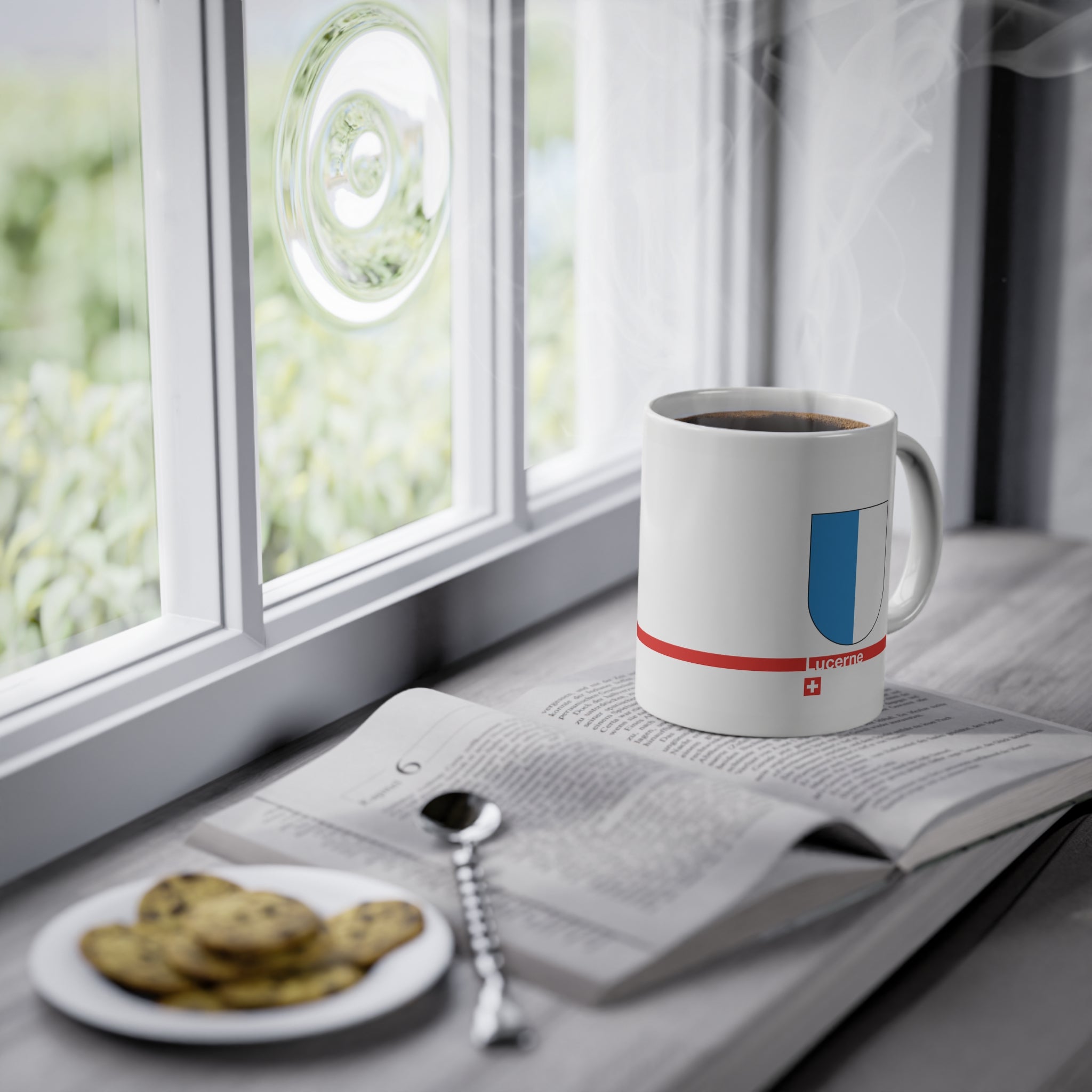 White ceramic mug with the blue and white vertically divided coat of arms of the Canton of Lucerne, Switzerland, featuring a modern red line and a small Swiss cross.
