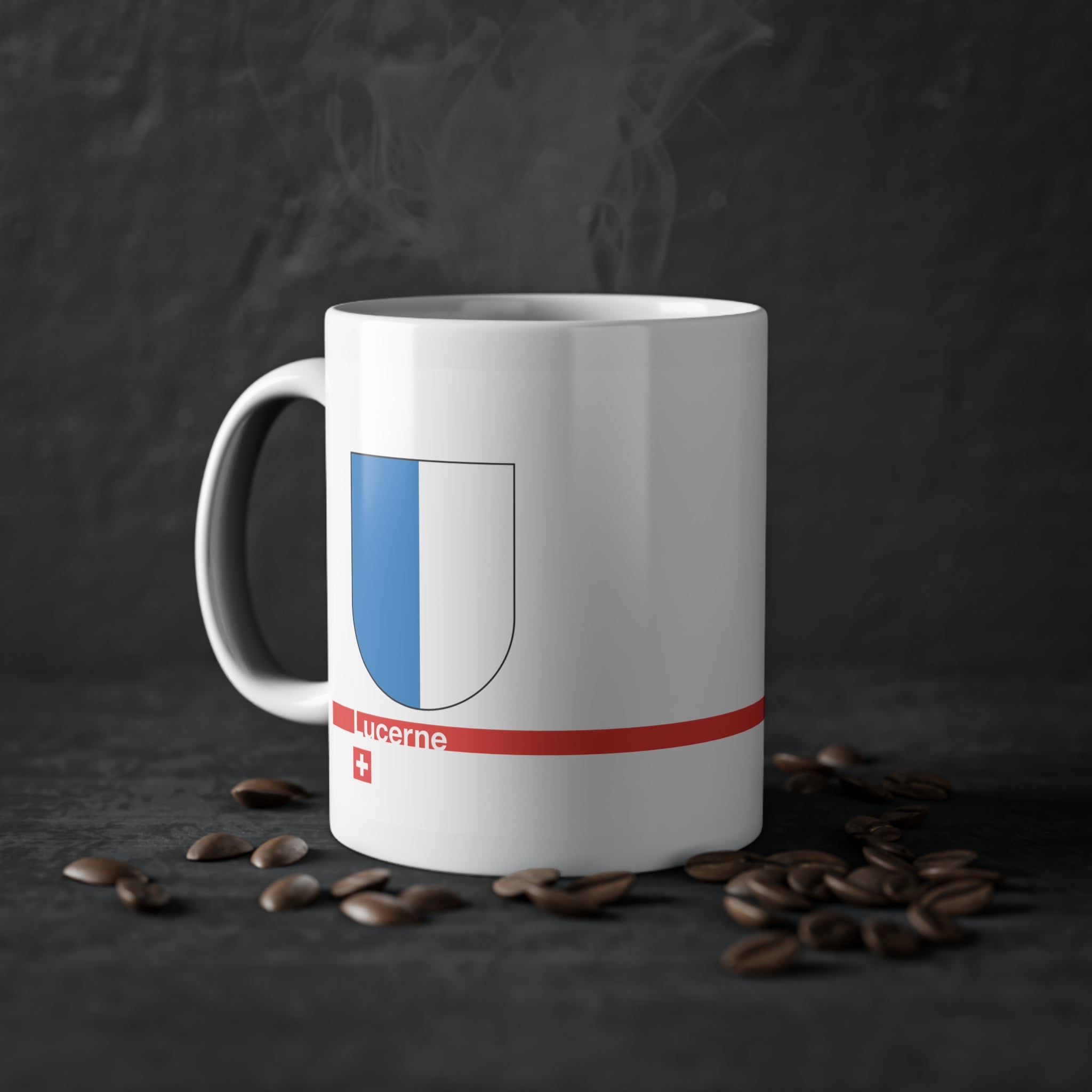 White ceramic mug with the blue and white vertically divided coat of arms of the Canton of Lucerne, Switzerland, featuring a modern red line and a small Swiss cross.