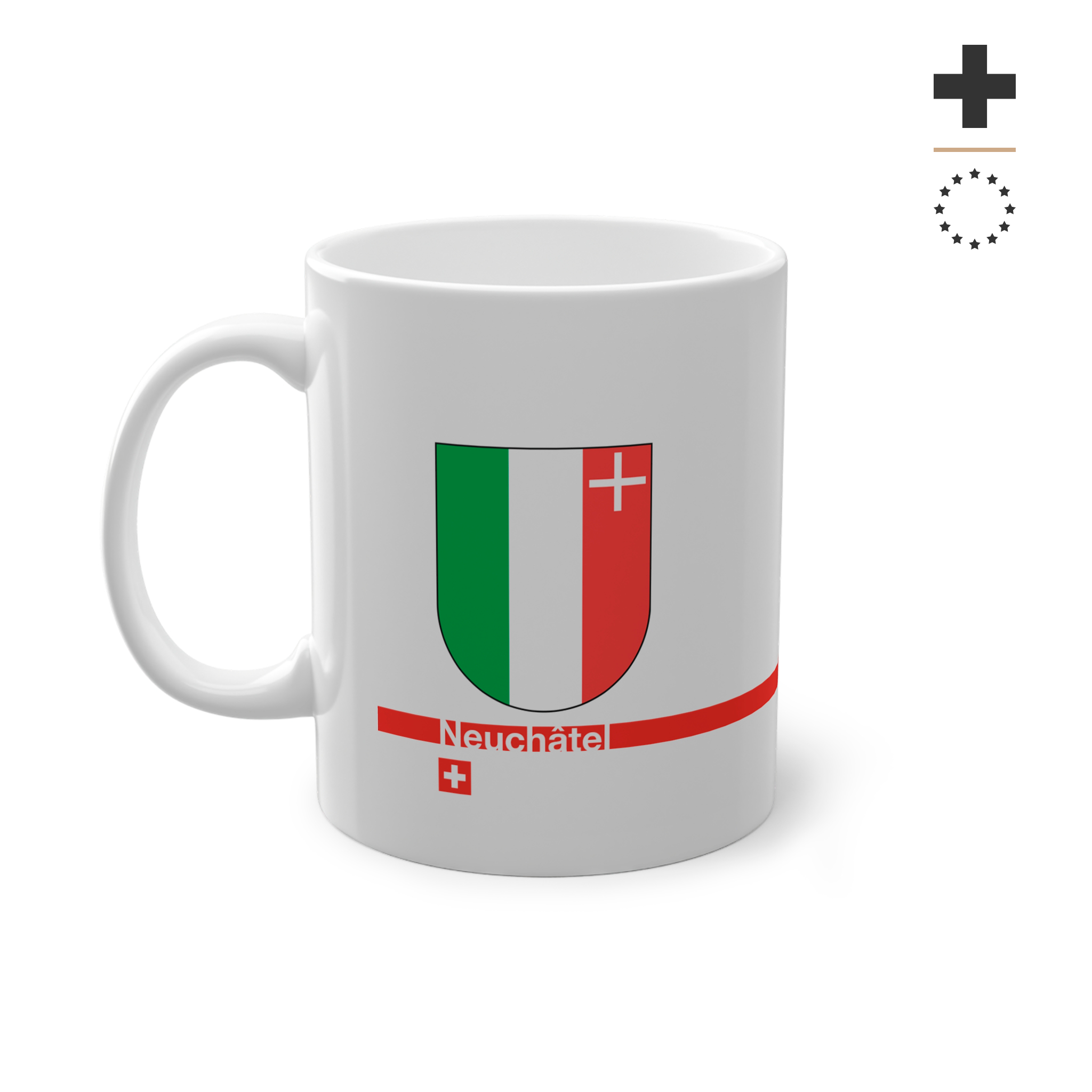 White ceramic mug featuring the green, white, and red vertical coat of arms of the Canton of Neuchâtel, a modern red horizontal line with 'Neuchâtel' text, and a small Swiss cross below.